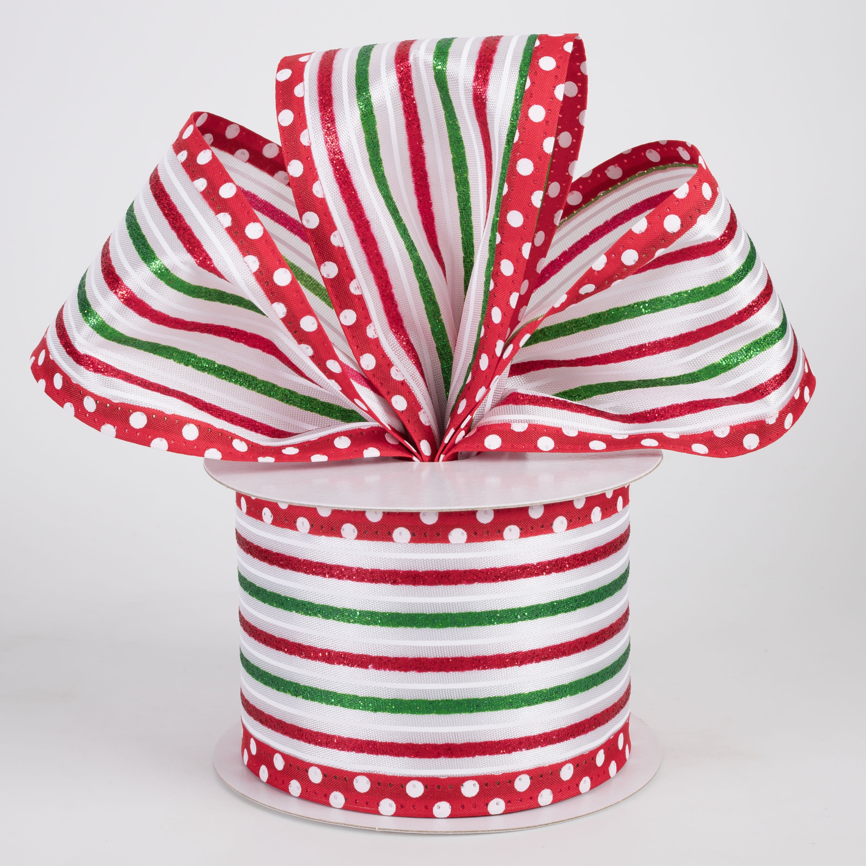 2.5" Satin Glitter Stripes Polka Dot Edge Ribbon: Red, White, Green (10 Yards) Lifestyle Photo
