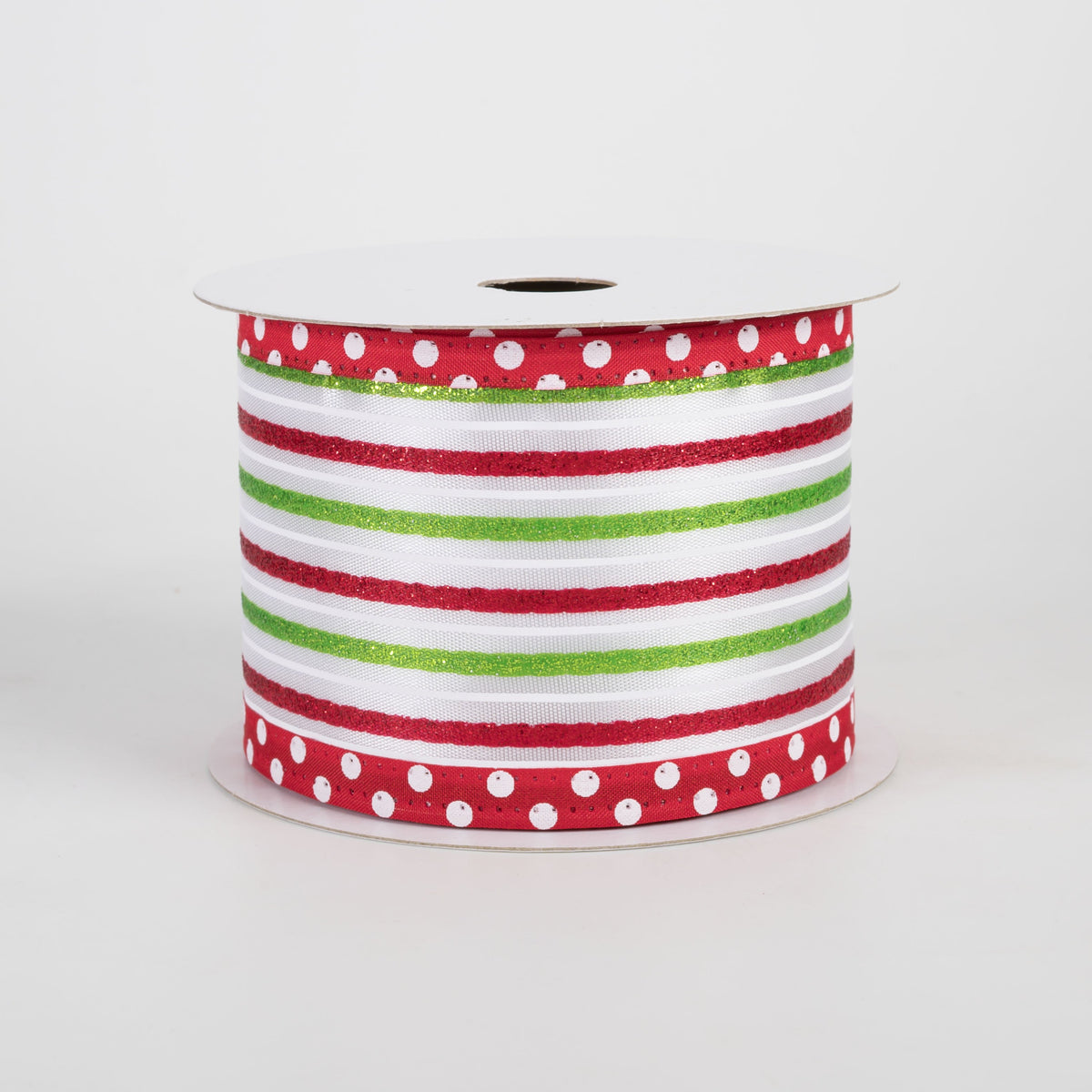 2.5" Satin Glitter Stripes Polka Dot Edge Ribbon: Red, White, Lime (10 Yards) Item Number: 76537-40-09