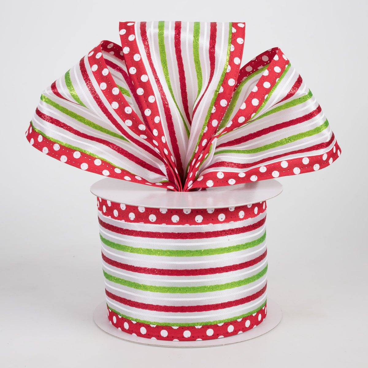 2.5" Satin Glitter Stripes Polka Dot Edge Ribbon: Red, White, Lime (10 Yards) Lifestyle Photo