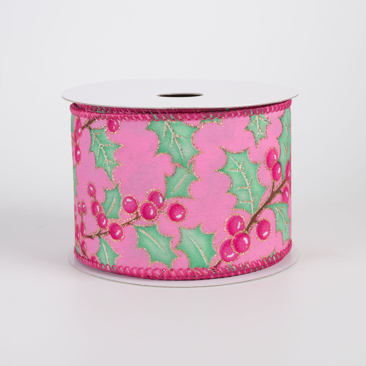 2.5" Satin Holly Leaves & Berries Ribbon: Mint on Dark Pink (10 Yards) Item Number: 71617-40-44