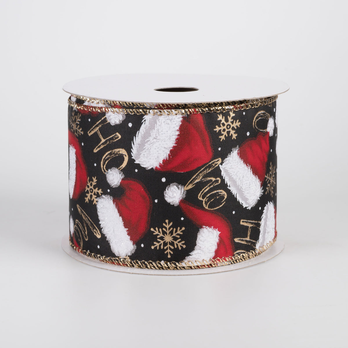 2.5" Satin Santa Hats Ho Ho Ho Ribbon: Black (10 Yards) Item Number: 71636-40-15