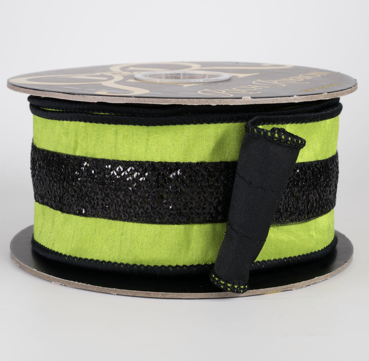 2.5" Sequin Center Trim on Dupioni Fused Ribbon: Lime & Black (10 Yards) Item Number: RR0075