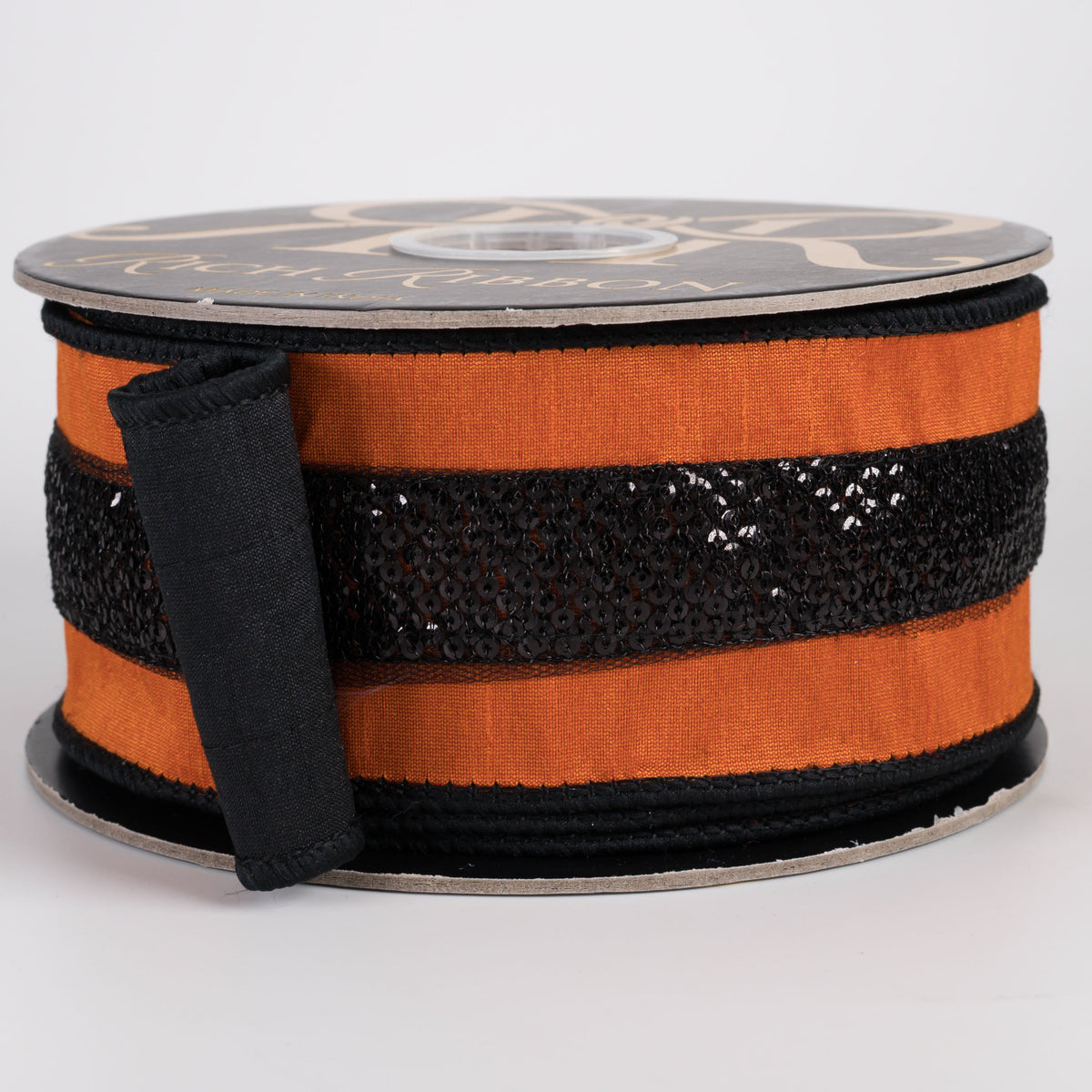 2.5" Sequin Center Trim on Dupioni Fused Ribbon: Orange & Black (10 Yards) Item Number: RR0074