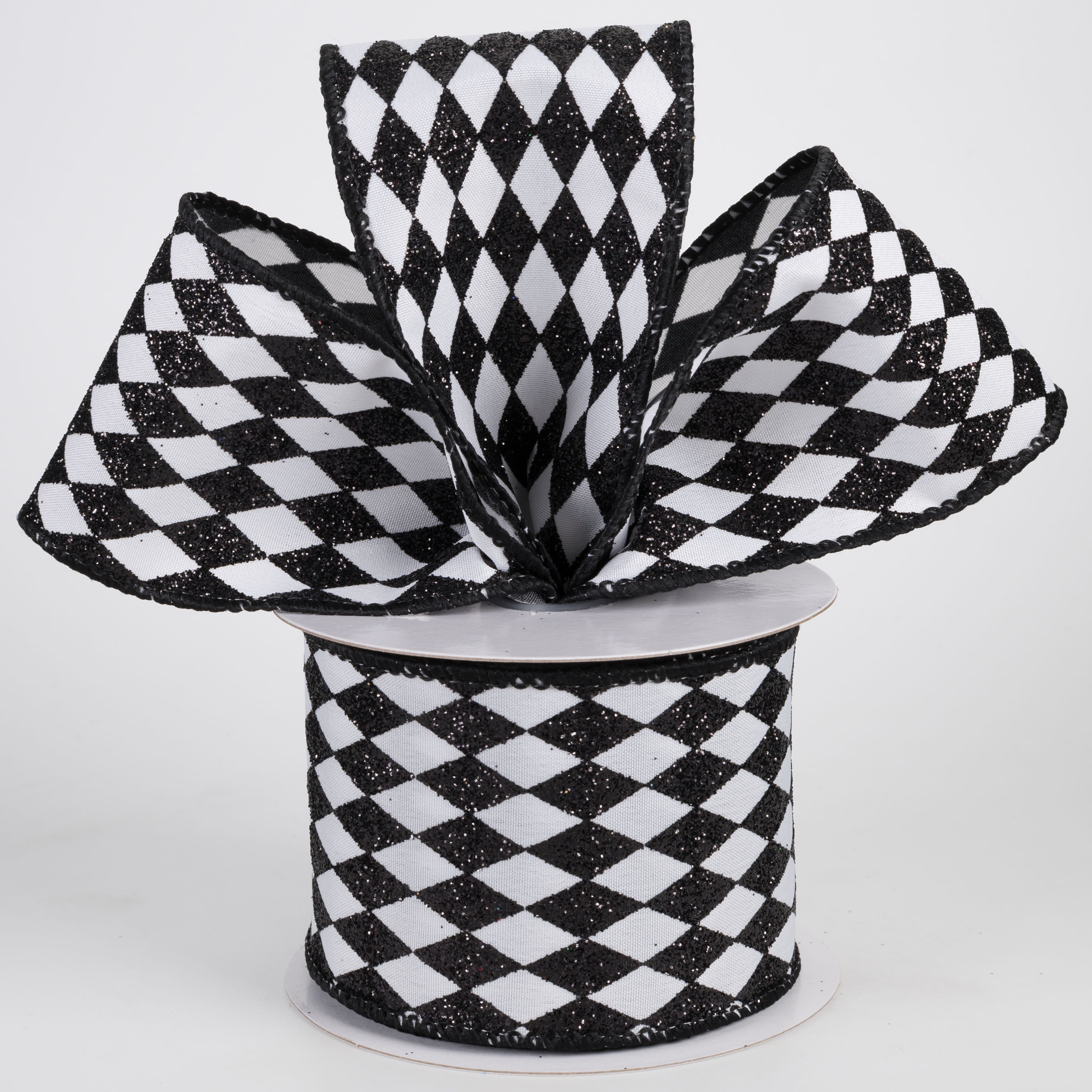 2.5" Tiny Glitter Harlequin on Satin Ribbon: Black on White (10 Yards) Lifestyle Photo
