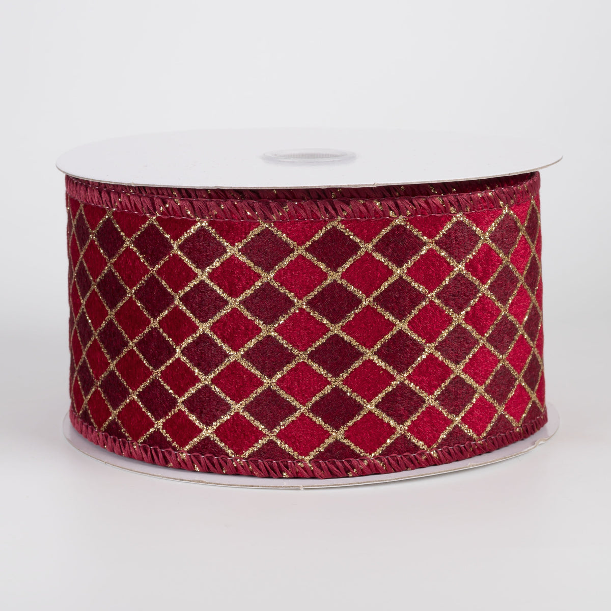 2.5" Velvet Diamond Harlequin Ribbon: Dark Red, Burgundy & Gold (10 Yards) Item Number: 71664-40-13