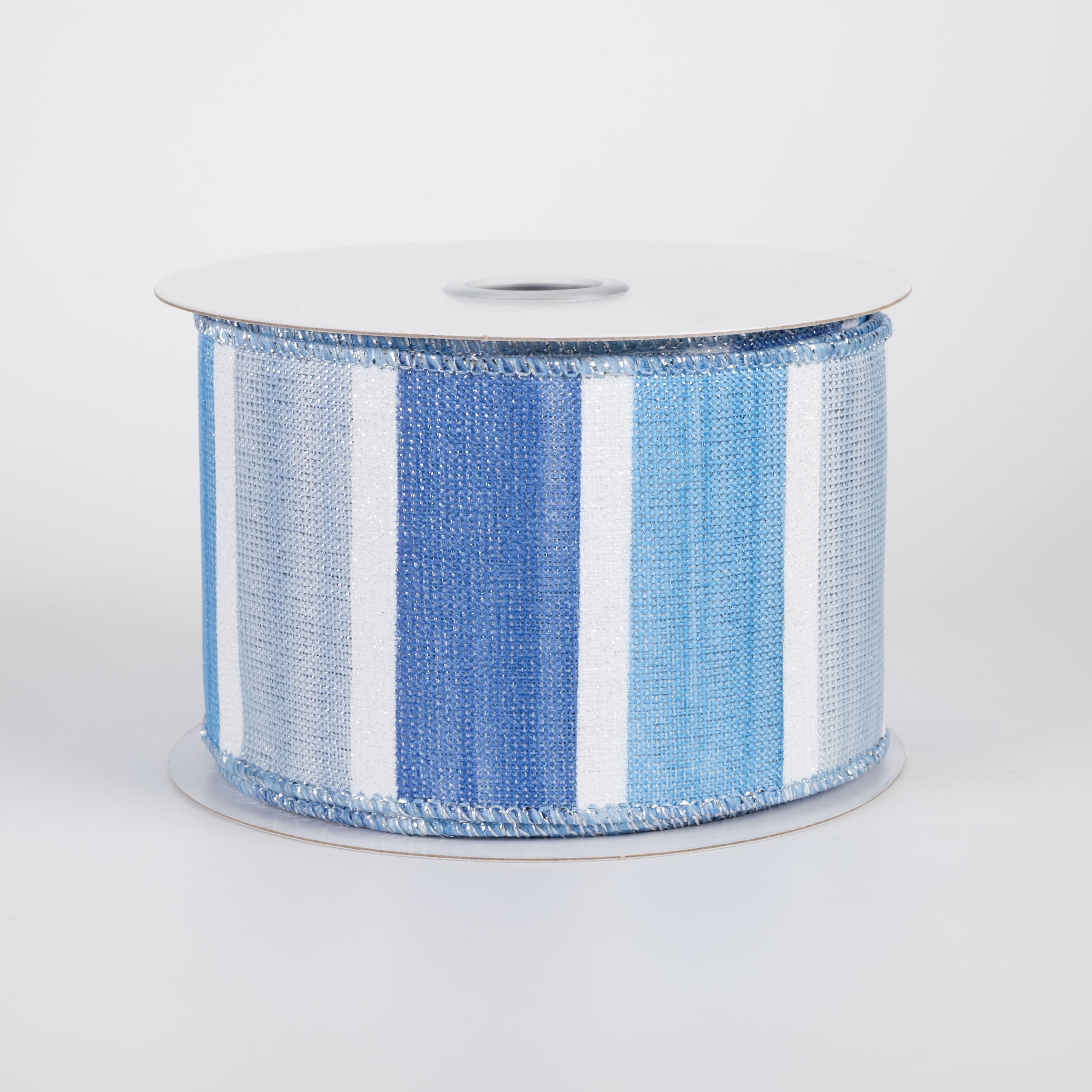 2.5" Watercolor Stripes & Metallic Ribbon: Blues, White & Silver (10 Yards) Item Number: RGH1397TJ