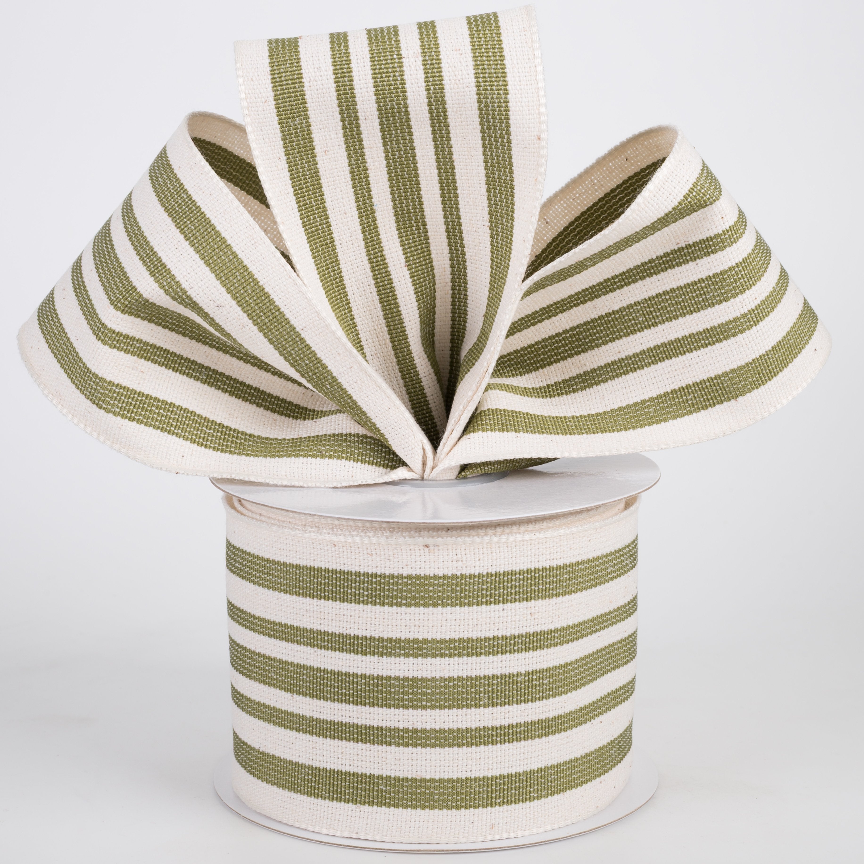 2.5" Woven French Stripe Ribbon: Ivory & Moss Green (10 Yards) Lifestyle Photo