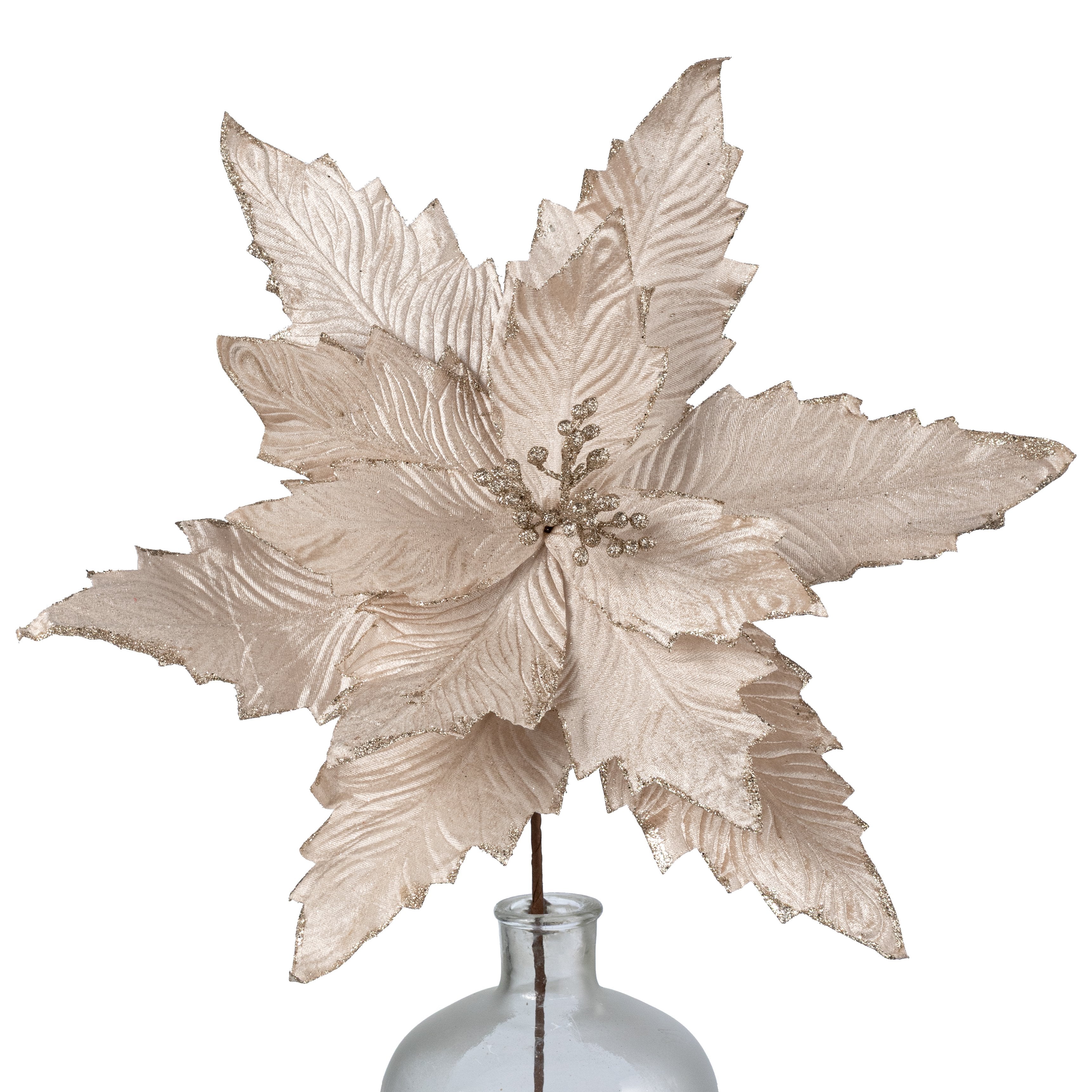20" x 21" Jumbo Velvet Poinsettia Stem: Champagne Gold Item Number: 86869CH