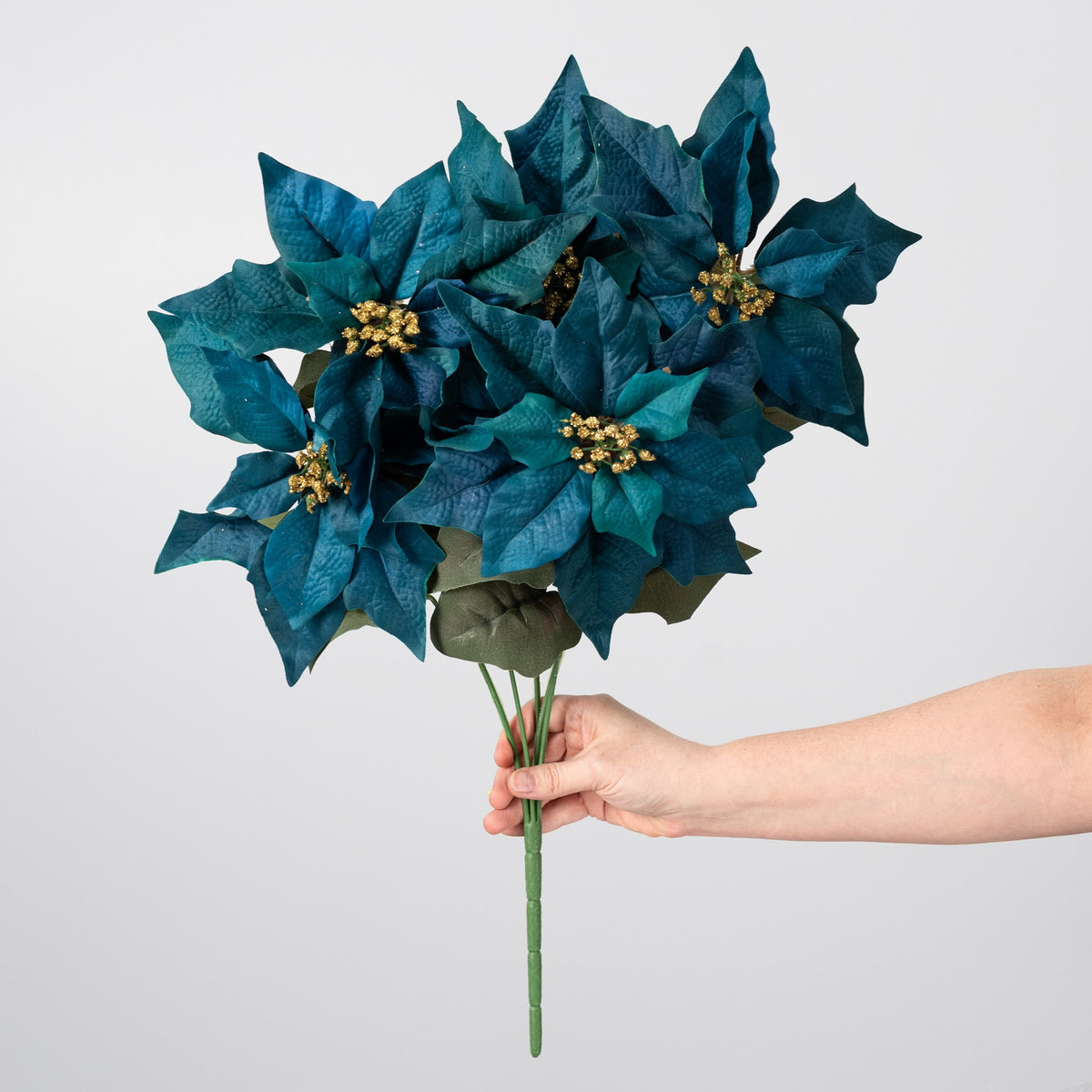 20" Artificial Poinsettia Bush: Teal Blue (5 Stem) detail photo 3