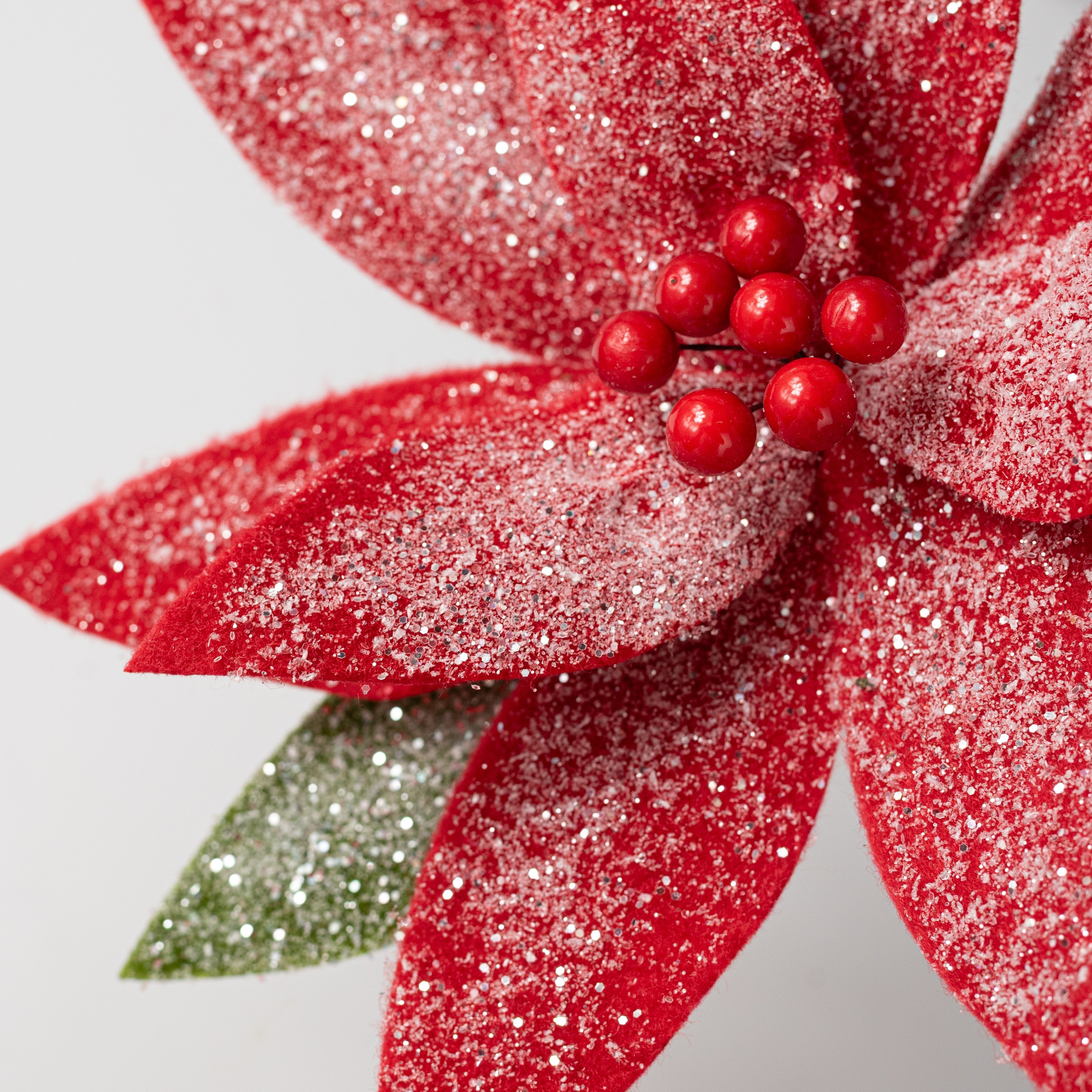 20" Frosted Felt Poinsettia Stem: Red & Green Lifestyle Photo