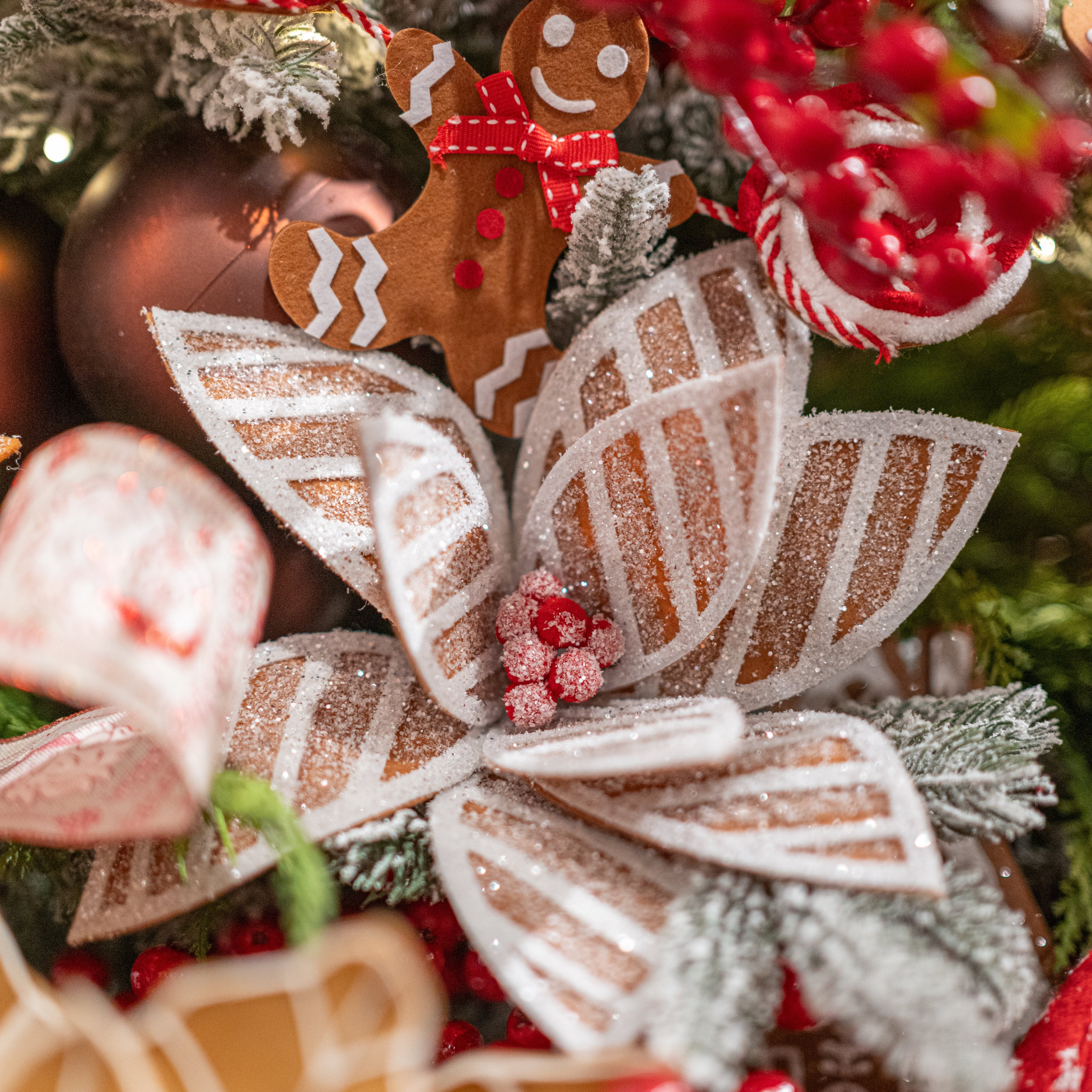 20" Frosted Stripe Poinsettia Stem: Gingerbread Lifestyle Photo