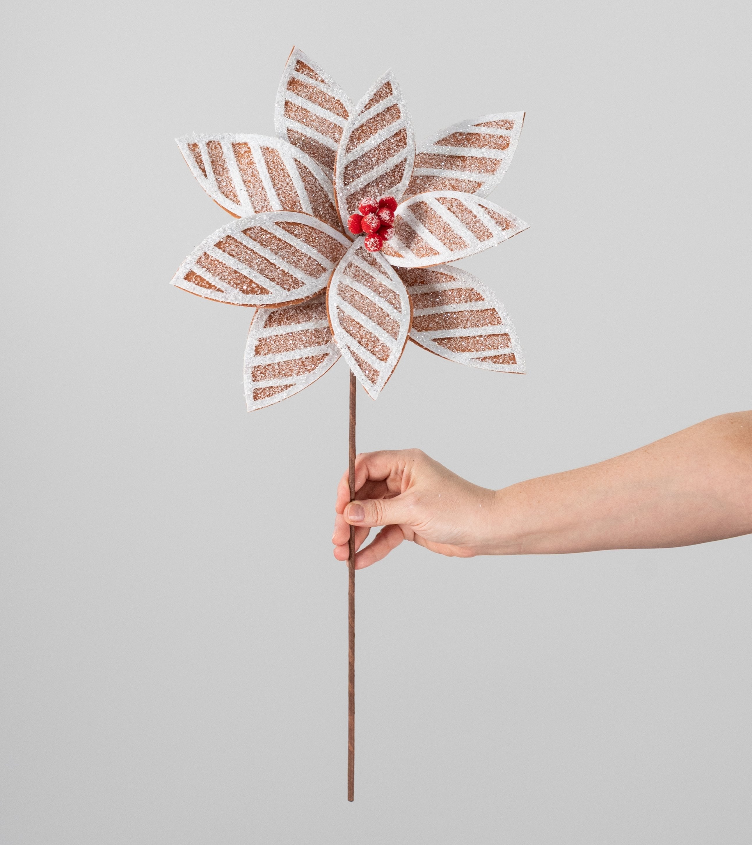20" Frosted Stripe Poinsettia Stem: Gingerbread detail photo 3