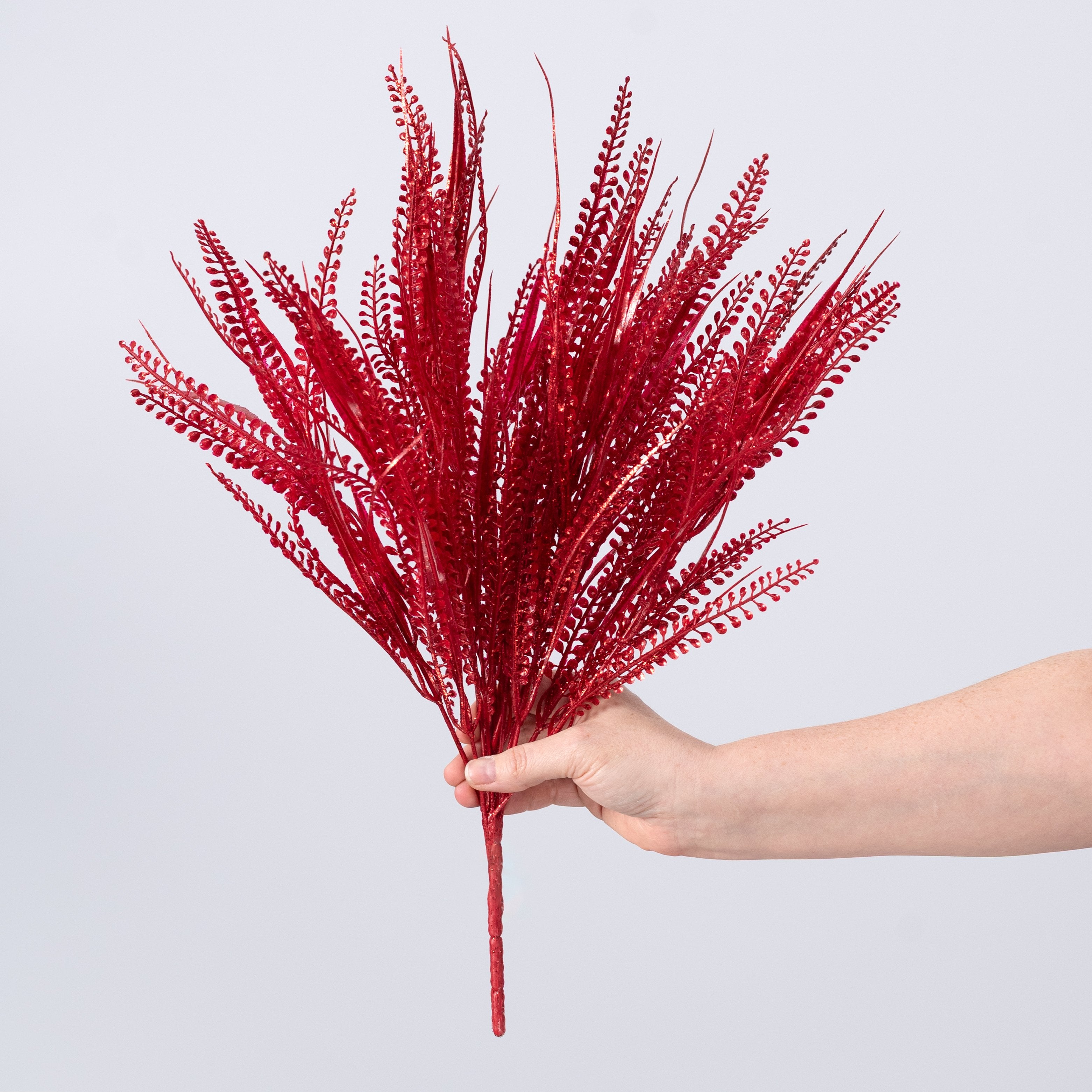 20" Glittered Button Fern Bush: Red detail photo 3