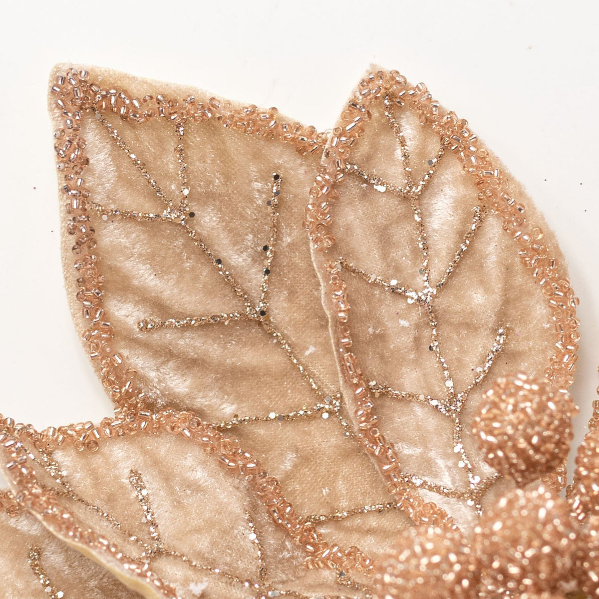 20" Glittered Velvet Poinsettia Stem: Champagne & Tan Lifestyle Photo