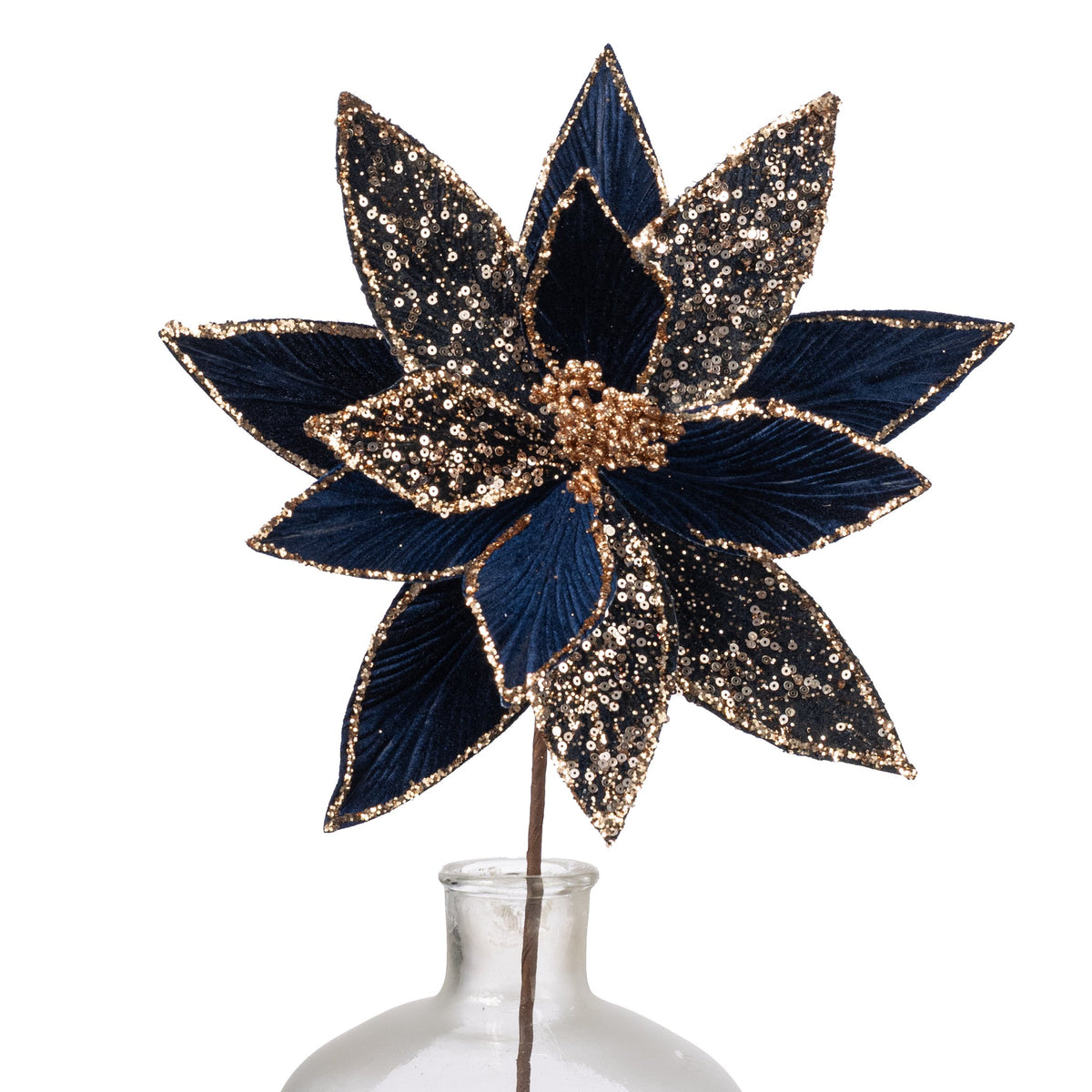 20" Sequined Vevlet Poinsettia Stem: Navy Blue Item Number: 279546