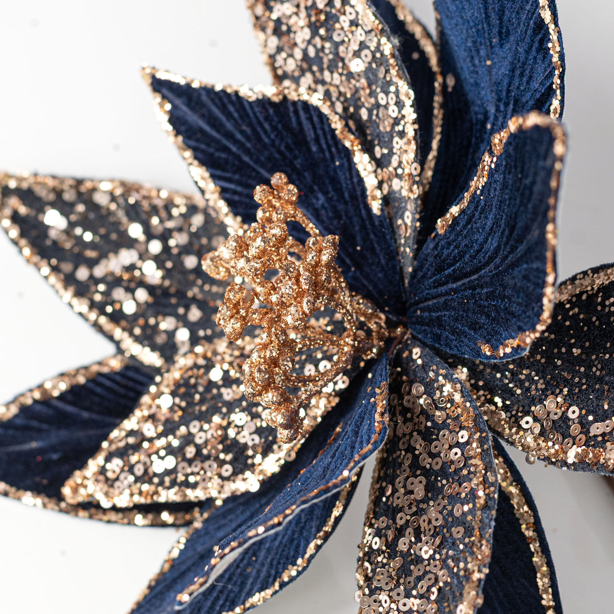 20" Sequined Vevlet Poinsettia Stem: Navy Blue detail photo 4