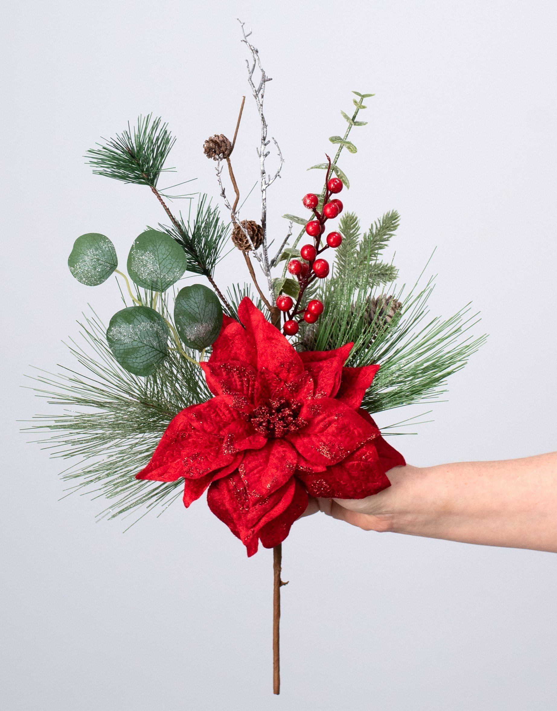 20" Velvet Poinsettia & Pine Spray: Red detail photo 3
