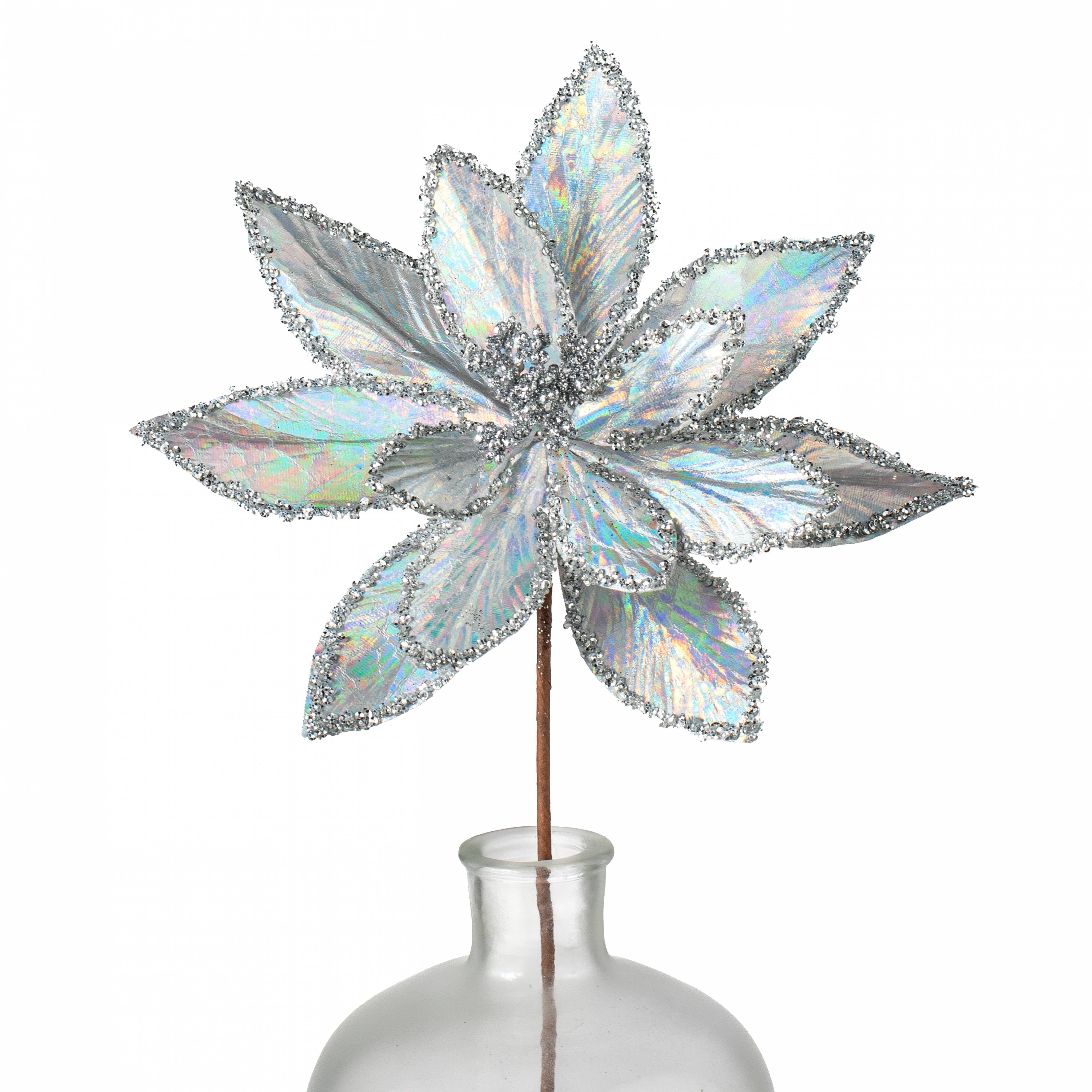 24" Iridescent Poinsettia Pearl Stem: Silver
