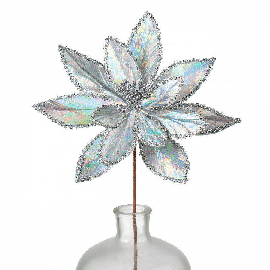 24" Iridescent Poinsettia Pearl Stem: Silver