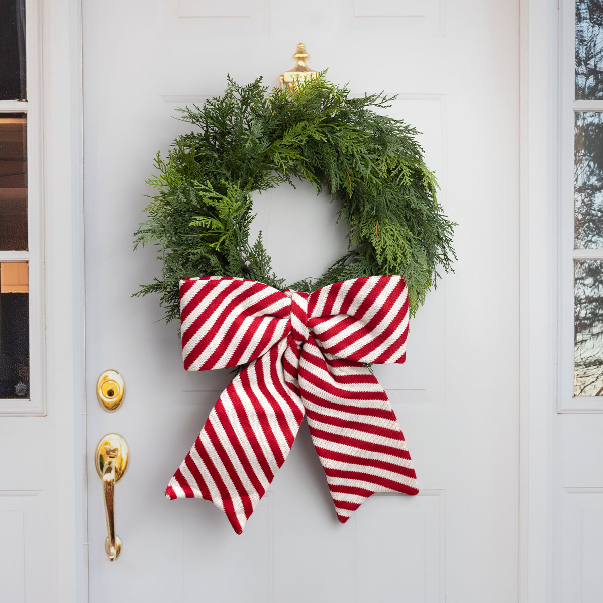 21" x 17" Red & White Peppermint Stripe Knit Bow Decoration Lifestyle Photo