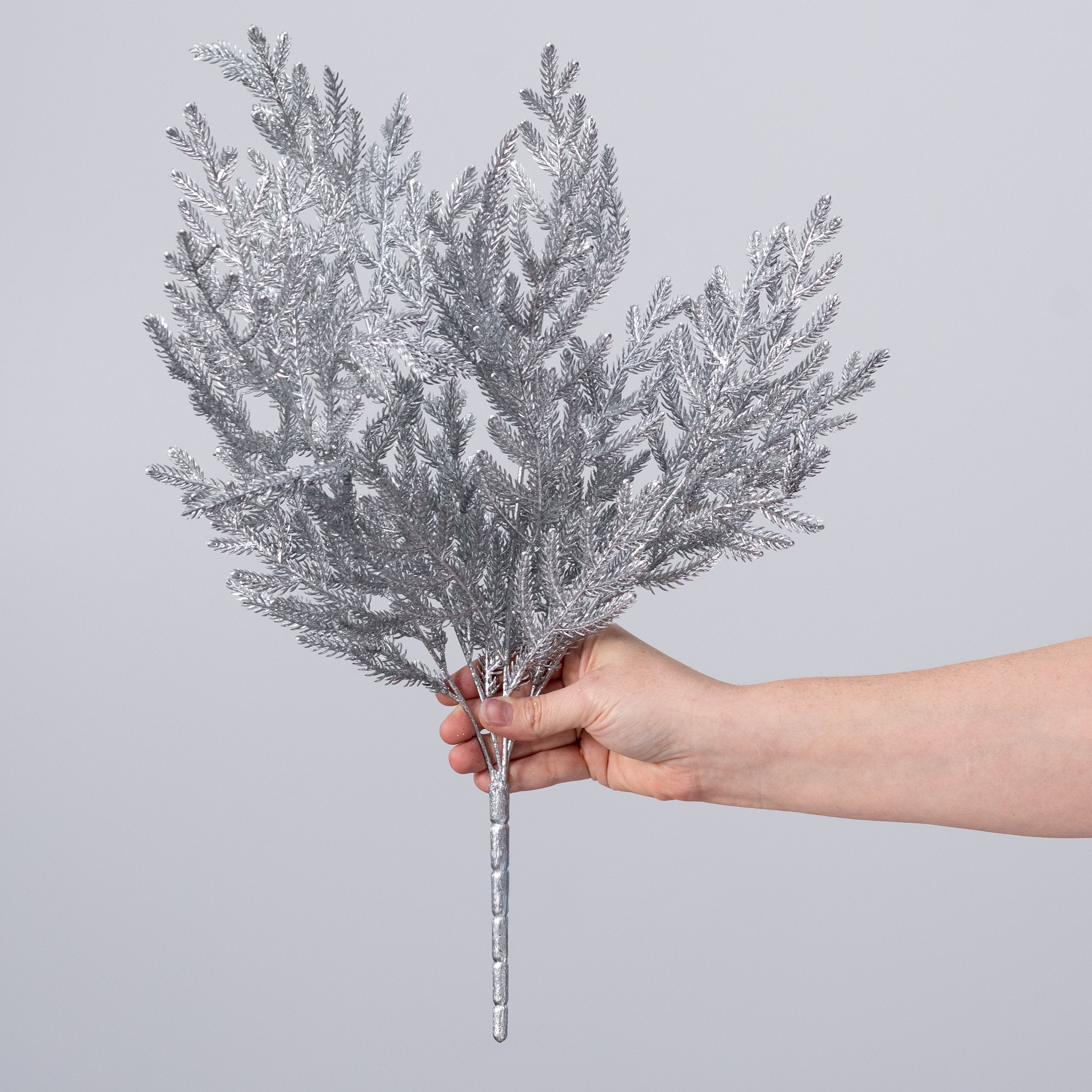 21" Glittered Pine Bush: Metallic Silver (4 Stem) detail photo 3