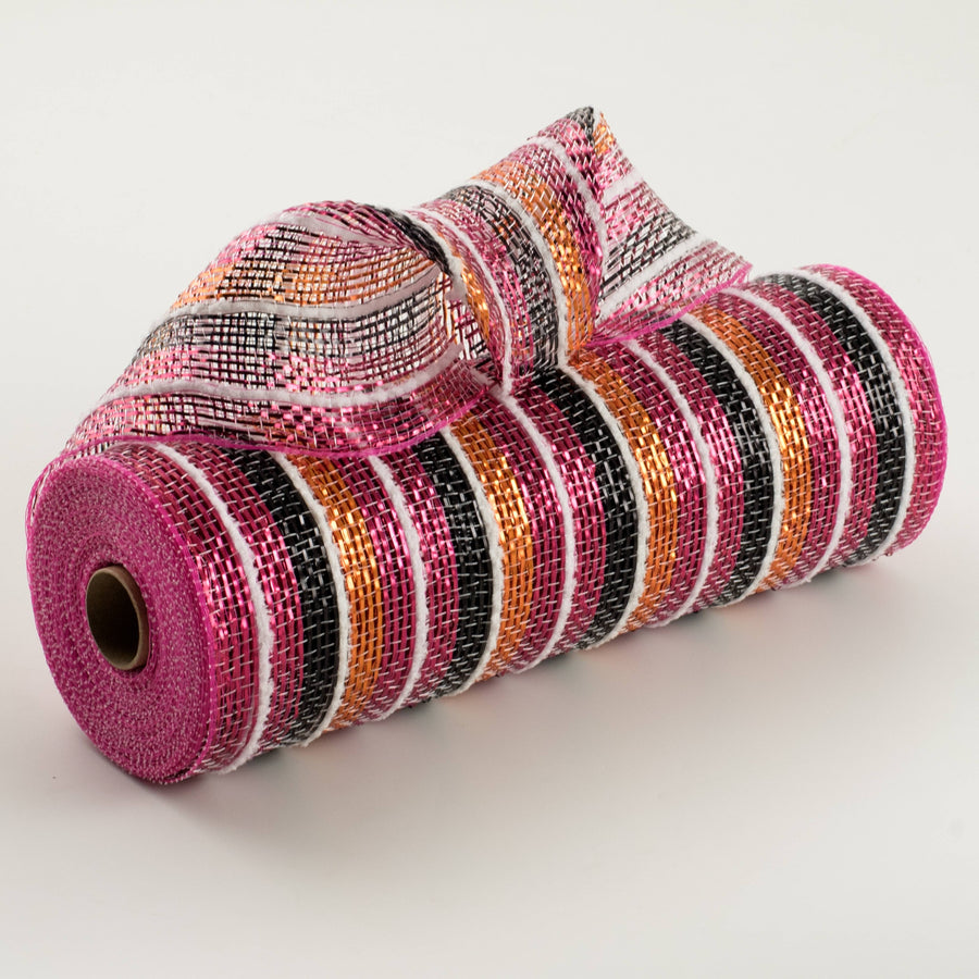 10" Metallic Stripe & White Fuzz Mesh: Fuchsia Pink, Orange & Black