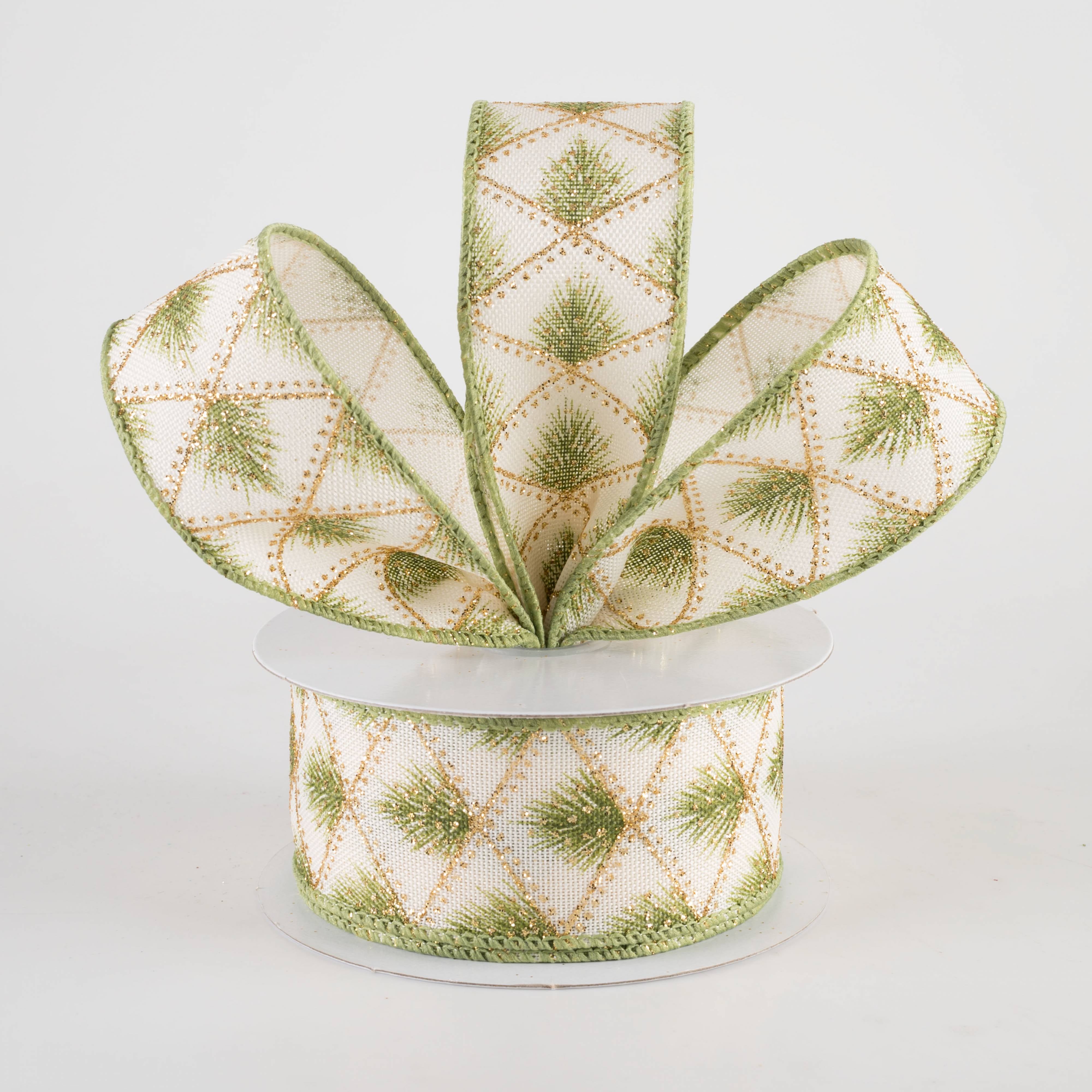 1.5" Linen Evergreen Pine in Gold Diamonds Ribbon: Ivory (10 Yards)