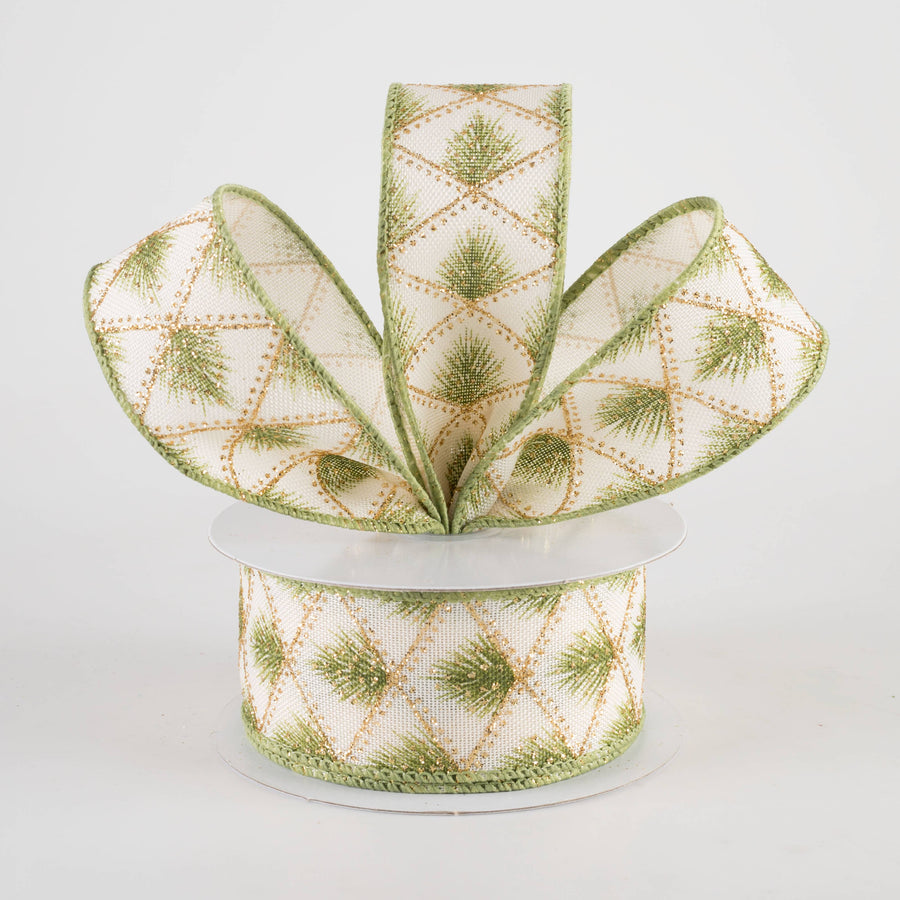 1.5" Linen Evergreen Pine in Gold Diamonds Ribbon: Ivory (10 Yards)