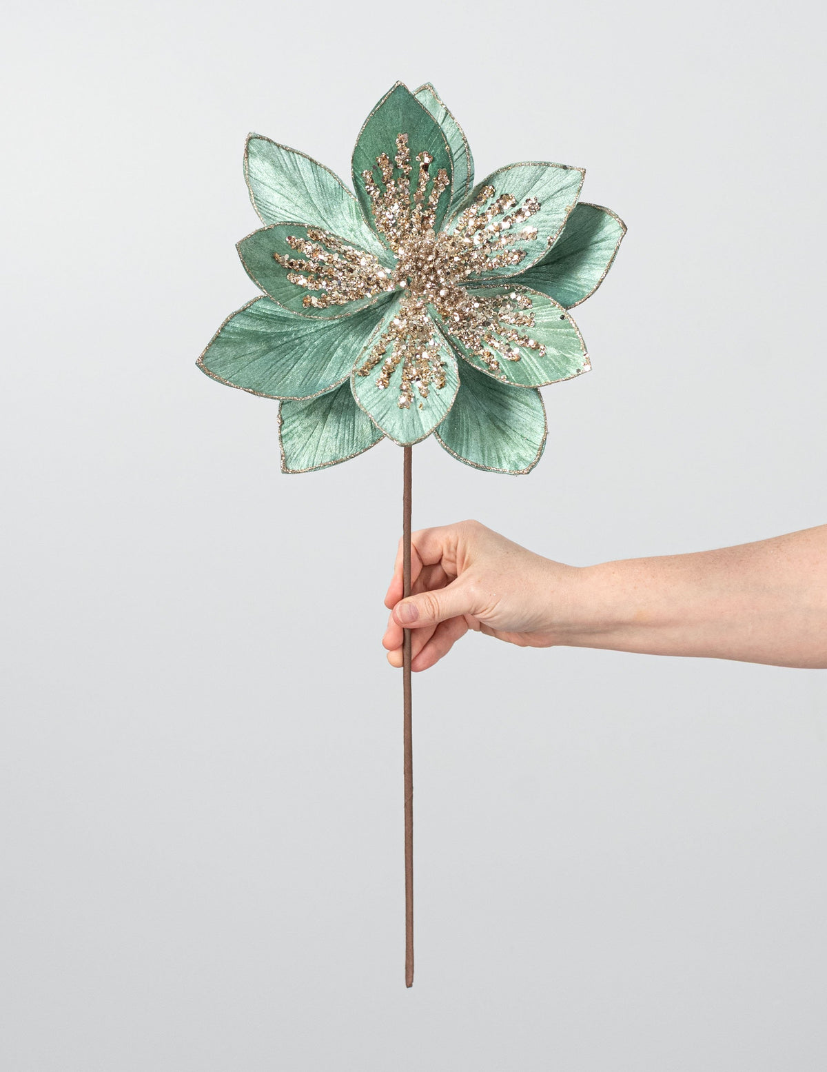 22" Glittered & Beaded Poinsettia Stem: Mint & Champagne detail photo 3