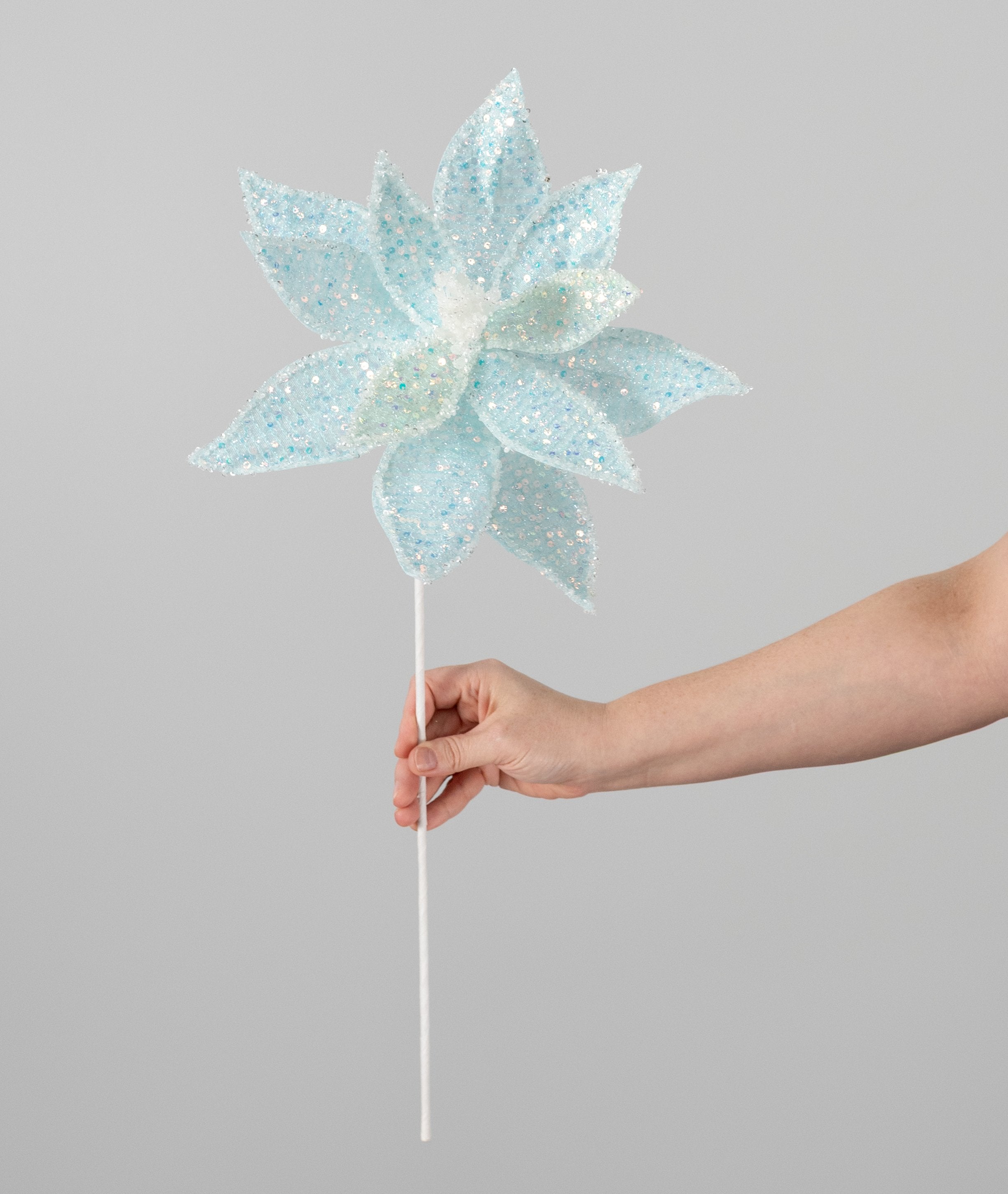 22" Iridescent Poinsettia Stem: Soft Blue detail photo 3
