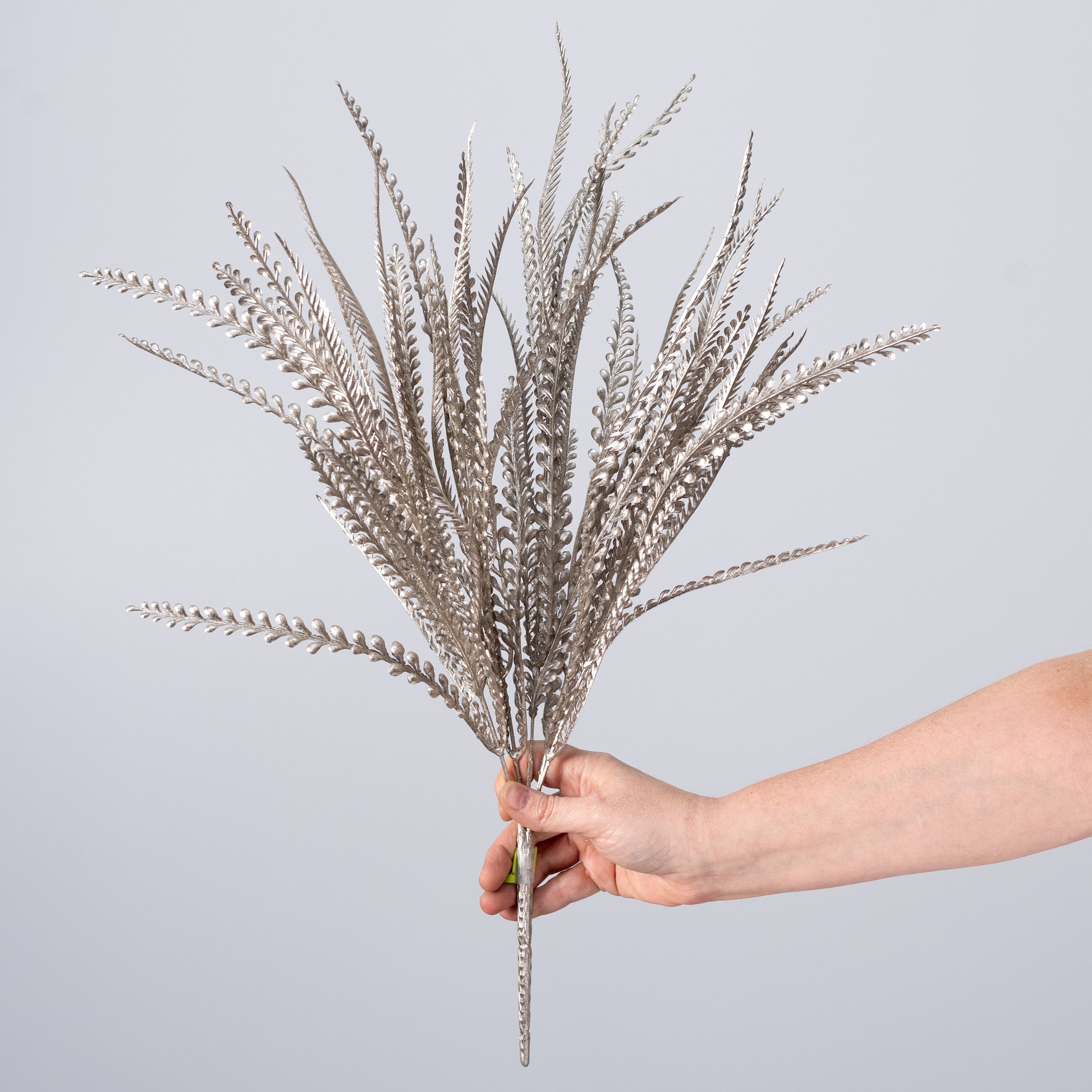 22" Plastic Button Fern Bush: Metallic Platinum Gold (6 Stem) detail photo 3