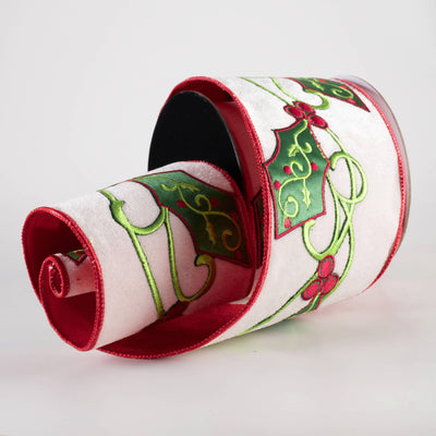 4" Embroidered Designer Velvet Holly Ribbon (5 Yards)