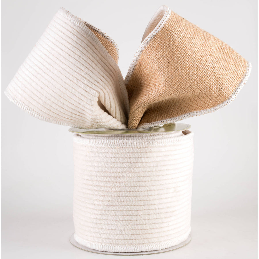 4" Corduroy & Burlap Double Sided Ribbon: Cream (5 Yards)