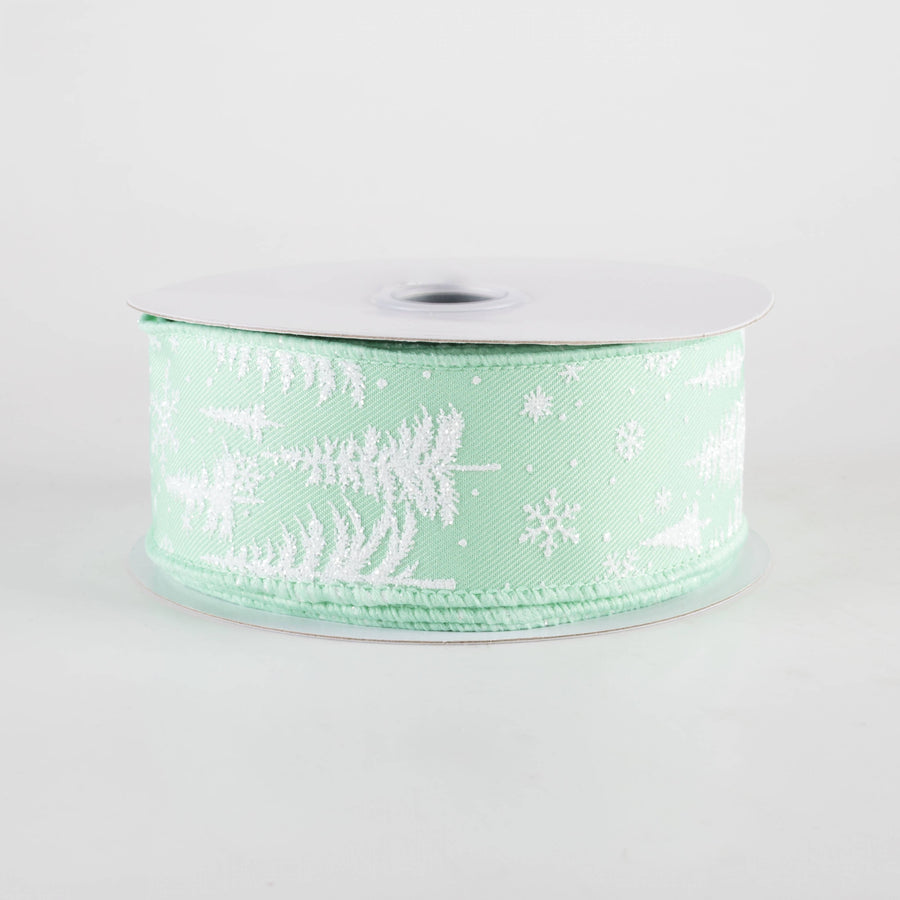 1.5" Pine Trees & Snowflakes Ribbon: Mint Green (10 Yards)