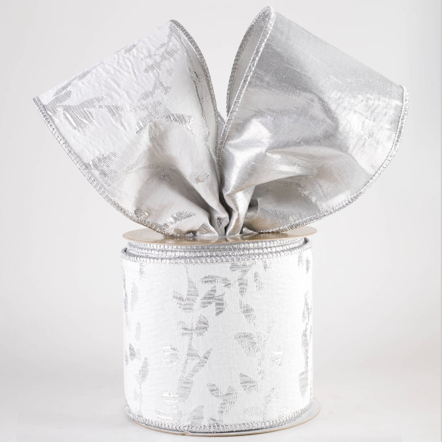 4" Designer Double Sided Metallic Leaf Ribbon: White & Platinum Silver (10 Yards)