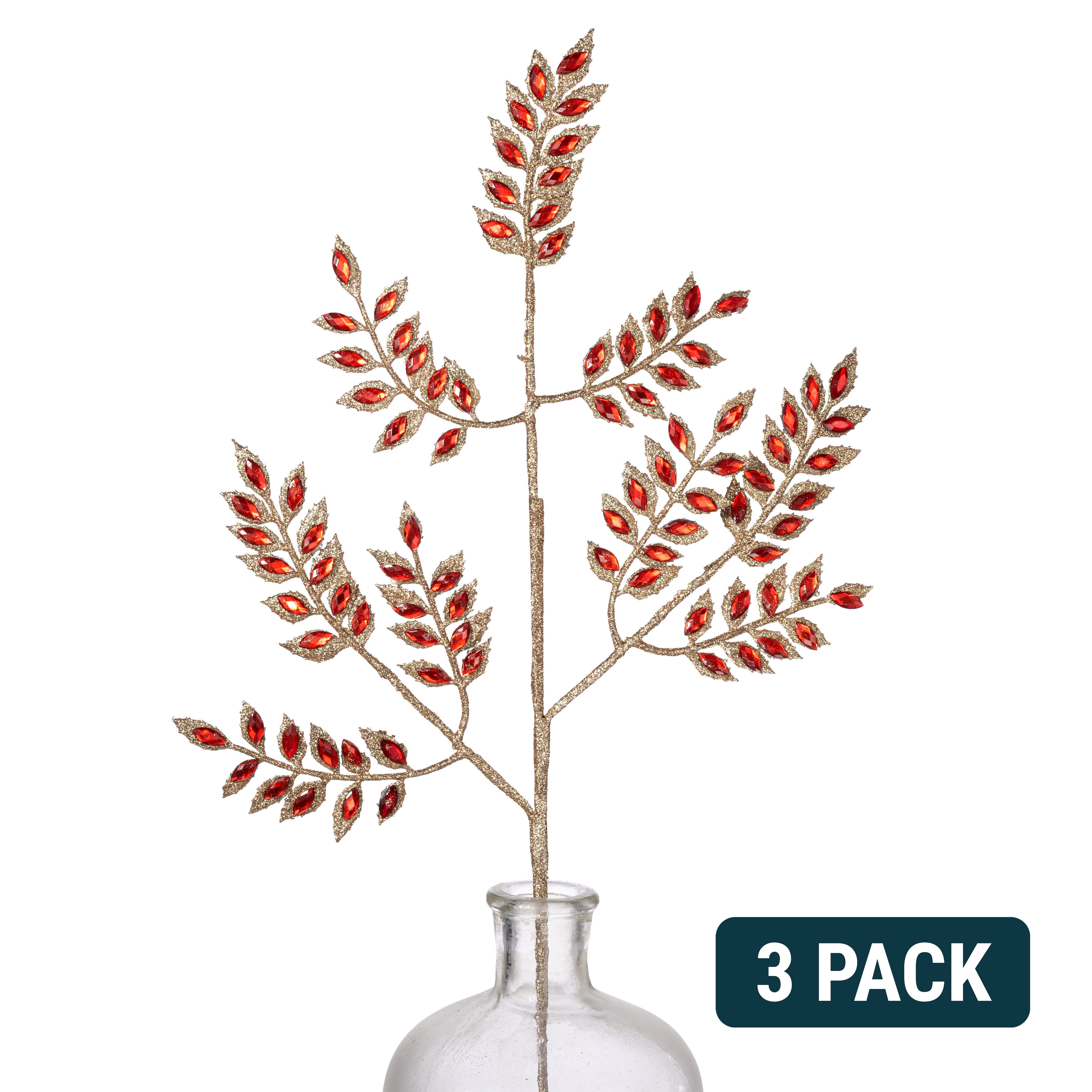 23" Glitter Diamond Leaf Spray Bundle: Red & Gold (3) Item Number: 2825314RD