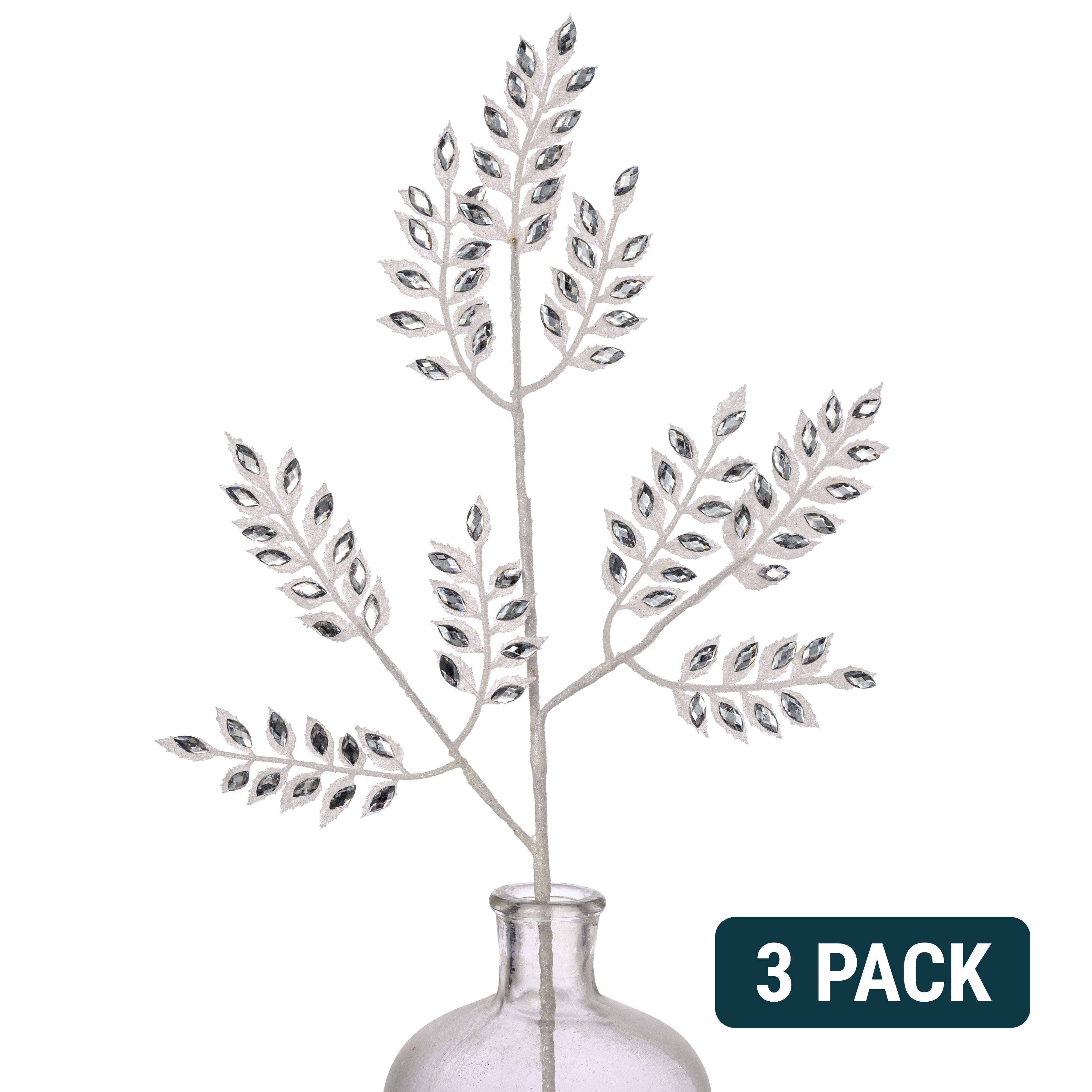 23" Glitter Diamond Leaf Spray Bundle: White & Silver (3) Item Number: 2825314WH