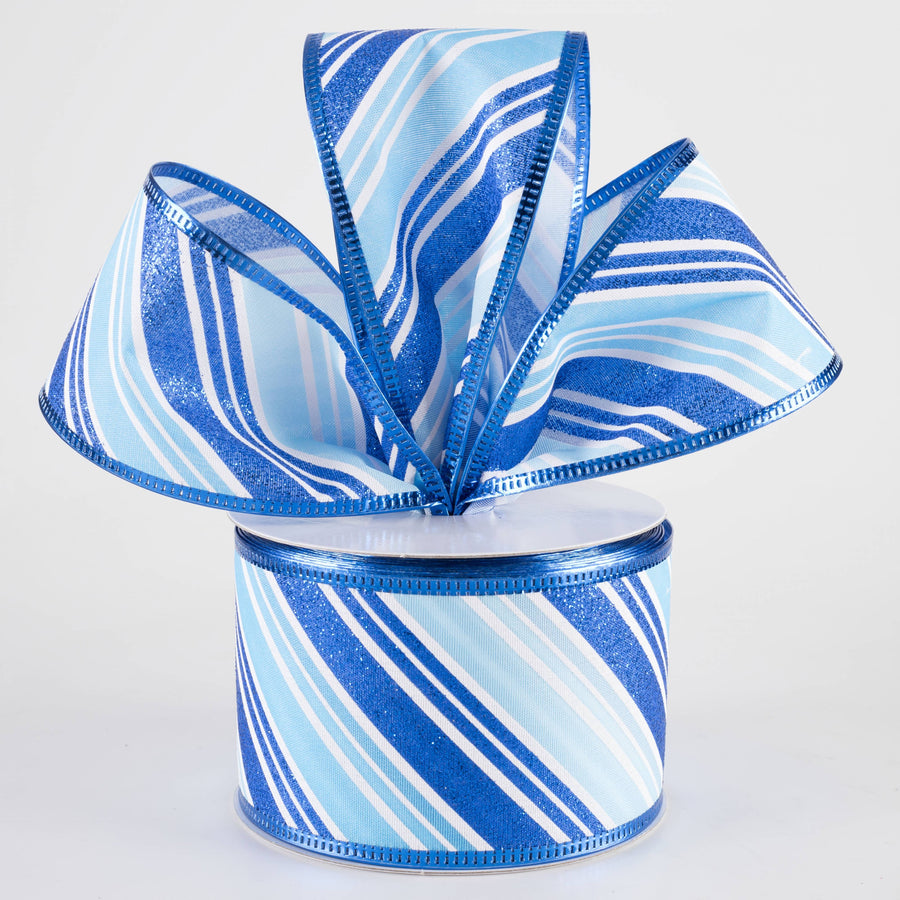 2.5" Glitter Candy Cane Stripe Ribbon: White & Blues (10 Yards)
