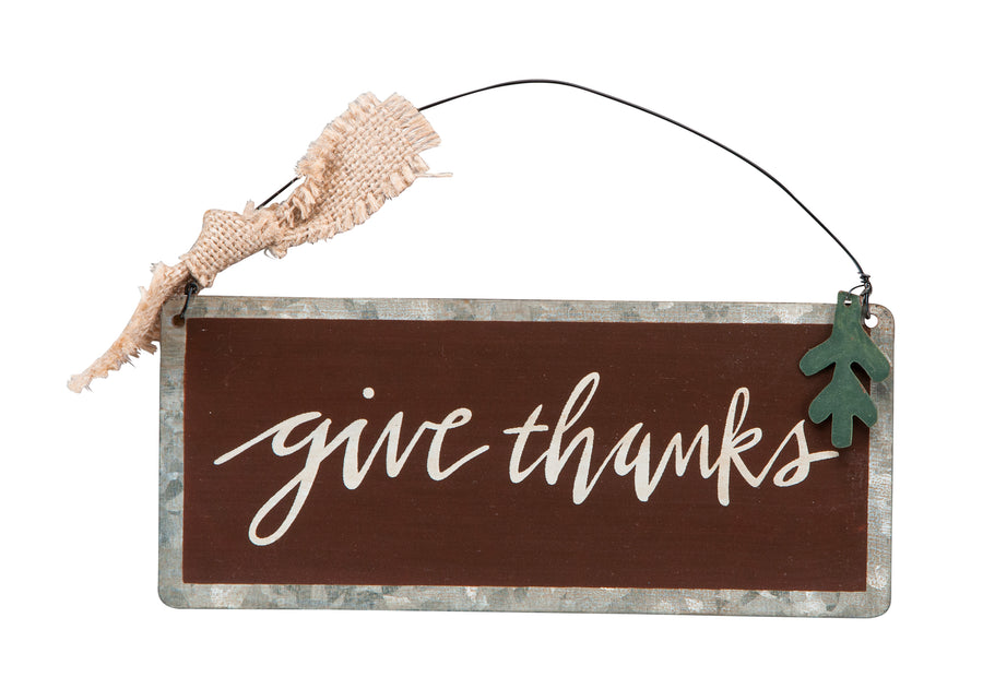 Give Thanks Metal Hanging Sign (7" by 3")