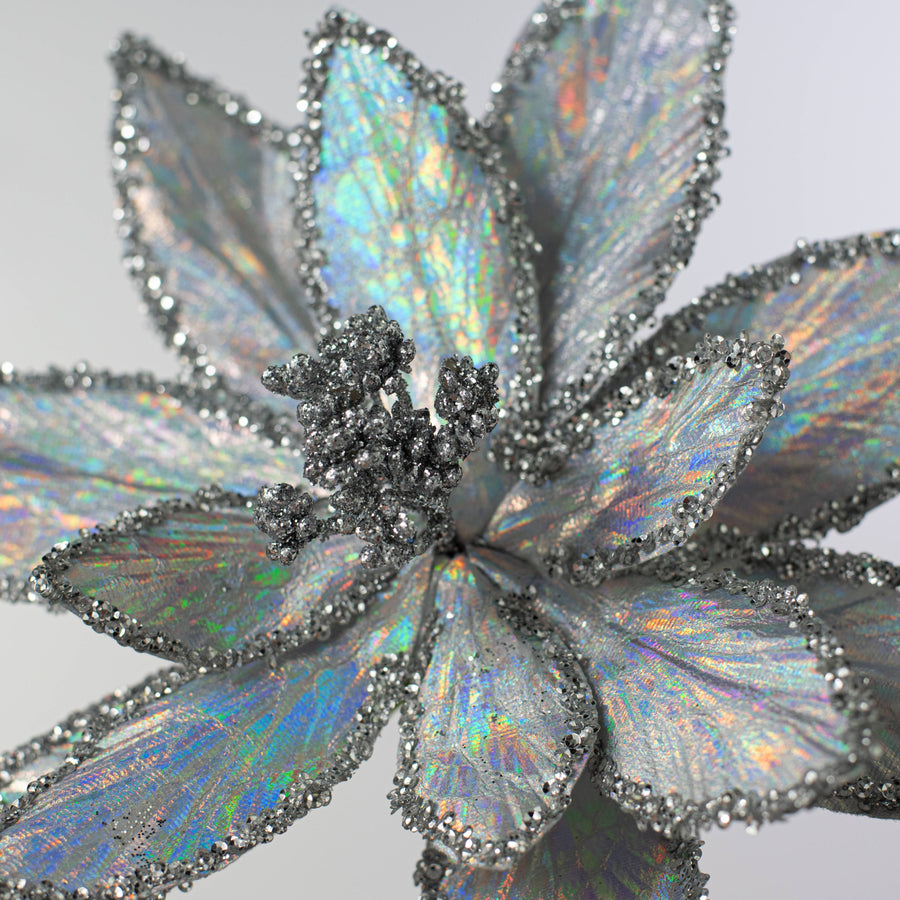 24" Iridescent Poinsettia Pearl Stem: Silver