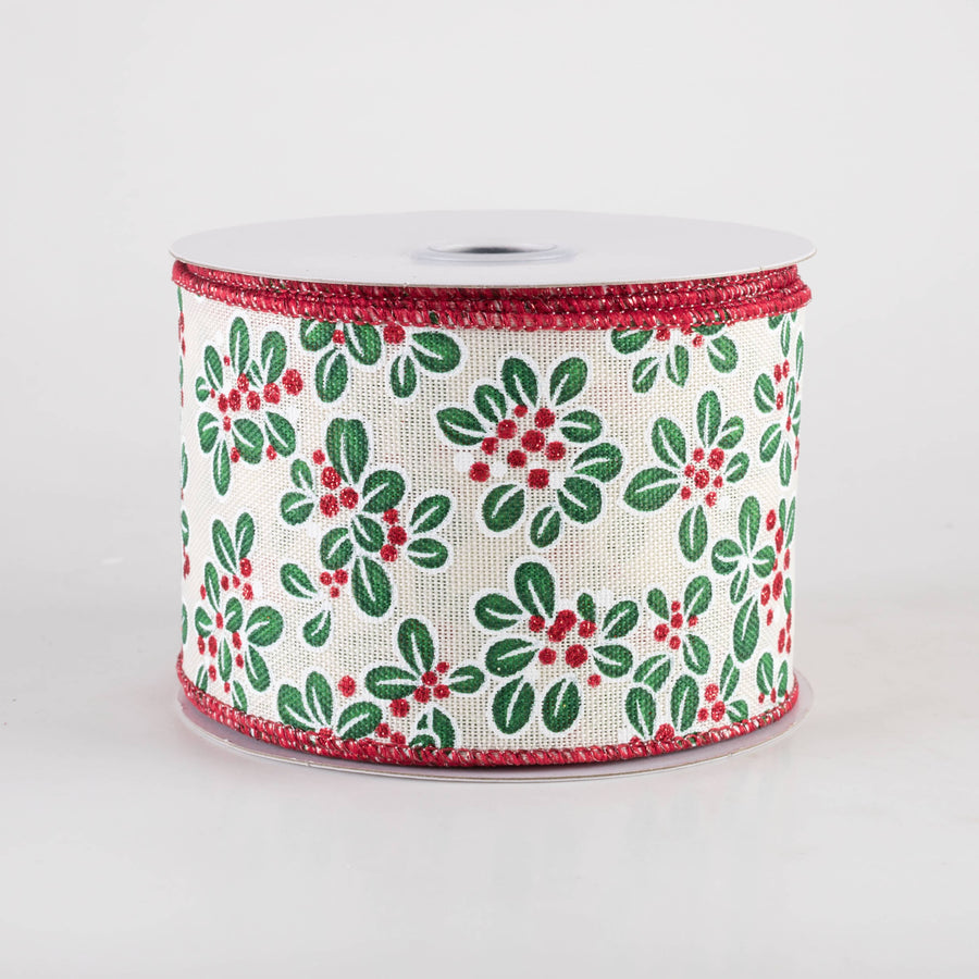 2.5" Mini Leaves & Berries Ribbon: White, Red & Green (10 Yards)