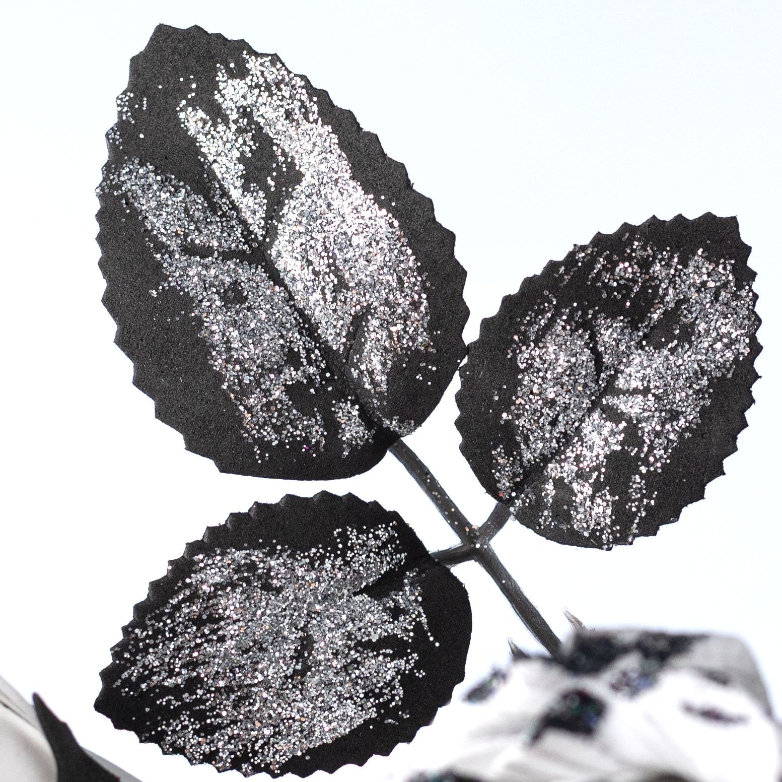 24" Glittered Roses Spray: White & Black detail photo 4