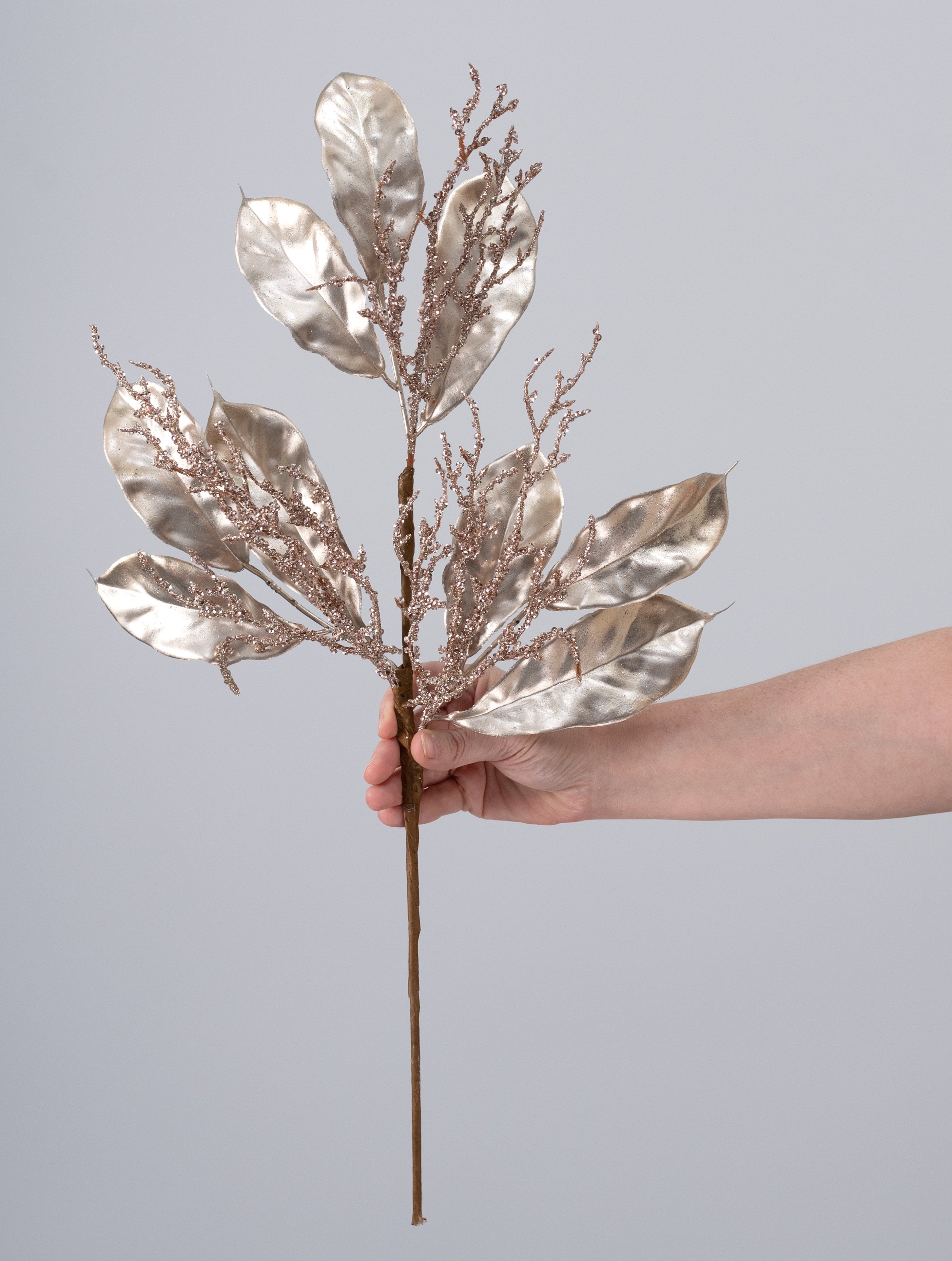 24" Metallic Magnolia Leaves & Twigs Spray: Champagne Gold detail photo 3