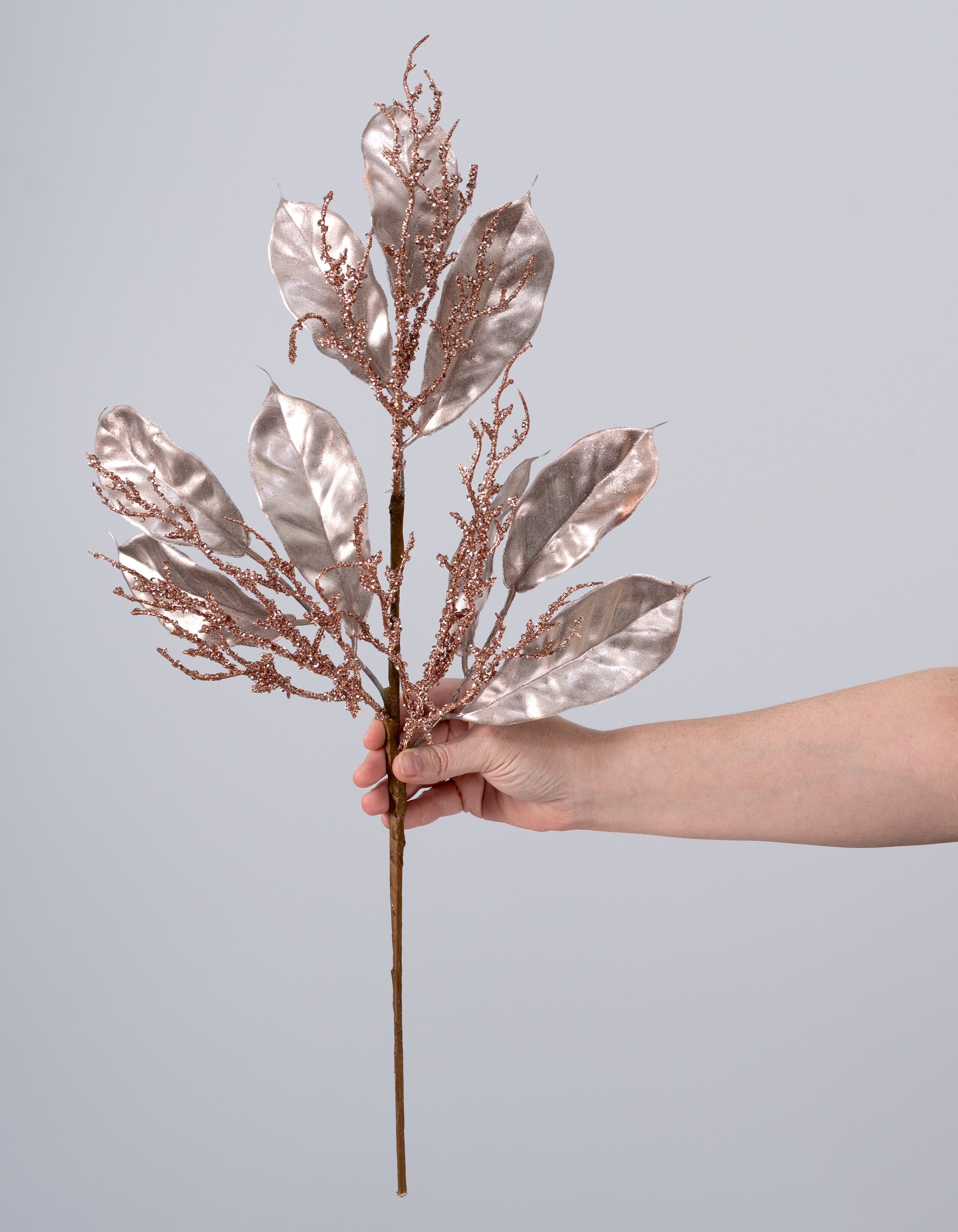 24" Metallic Magnolia Leaves & Twigs Spray: Rose Gold detail photo 3