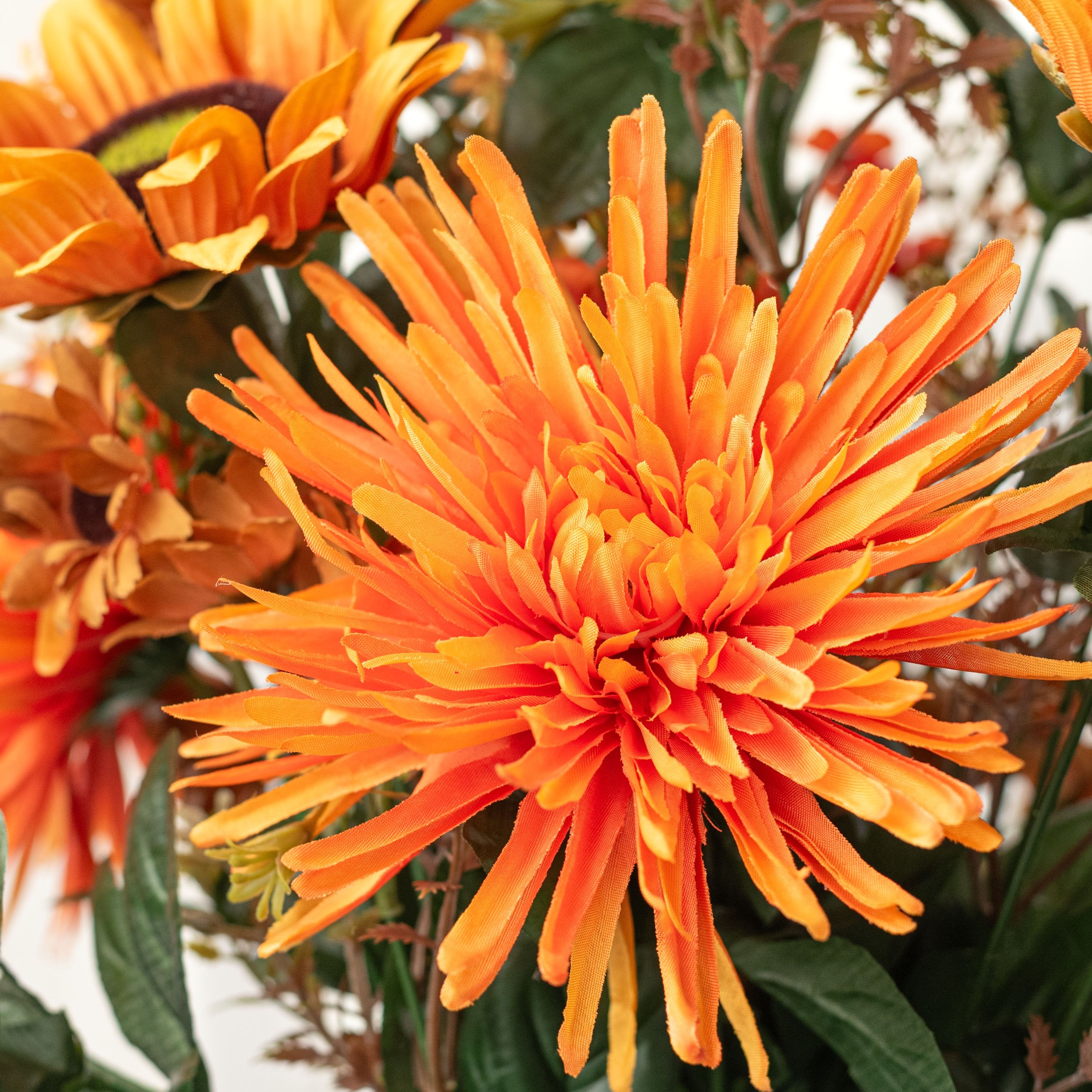 24" Mixed Spider Mum, Sunflower & Rose Bush: Orange & Burgundy (28 Stem) Lifestyle Photo