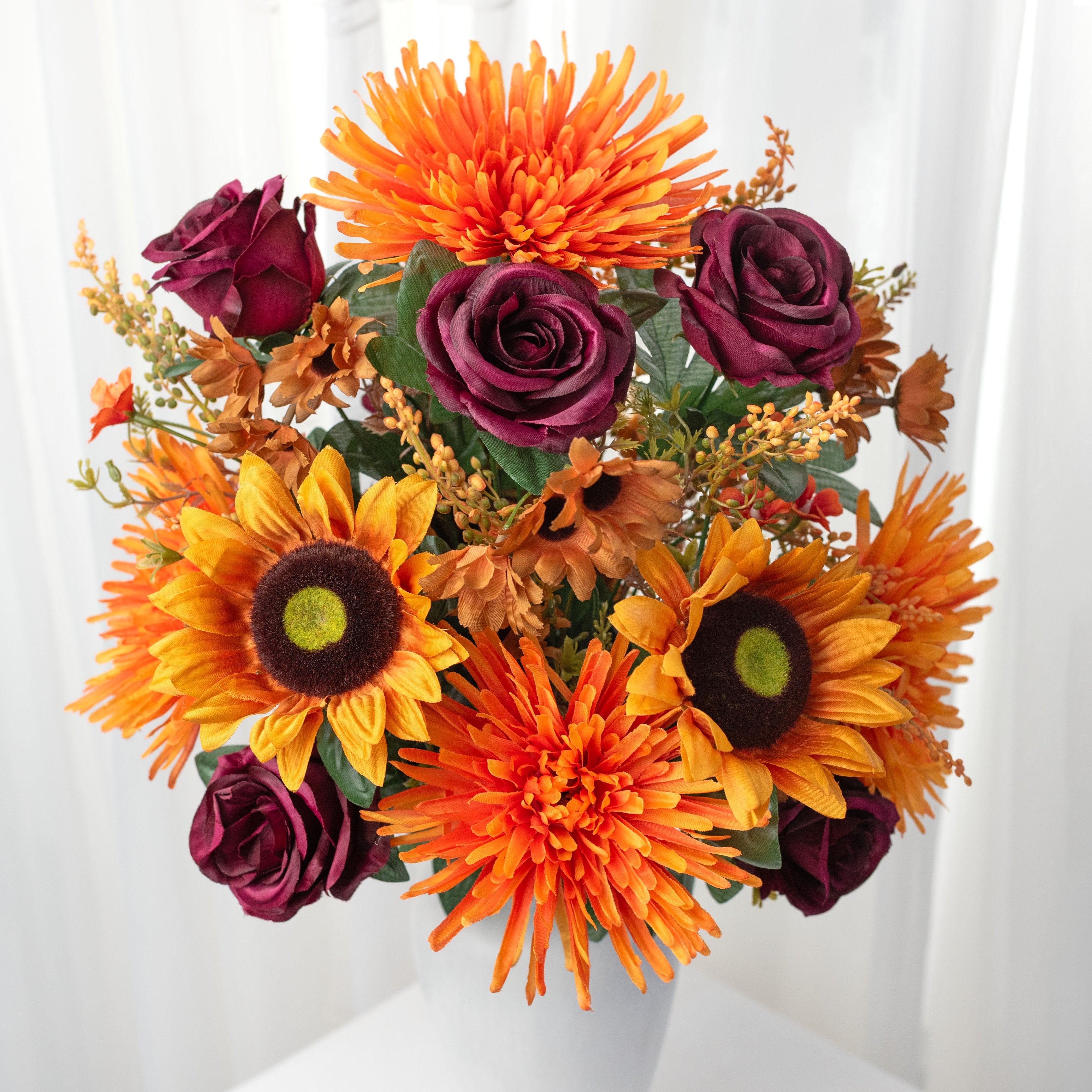 24" Mixed Spider Mum, Sunflower & Rose Bush: Orange & Burgundy (28 Stem) Item Number: 57194ORBG