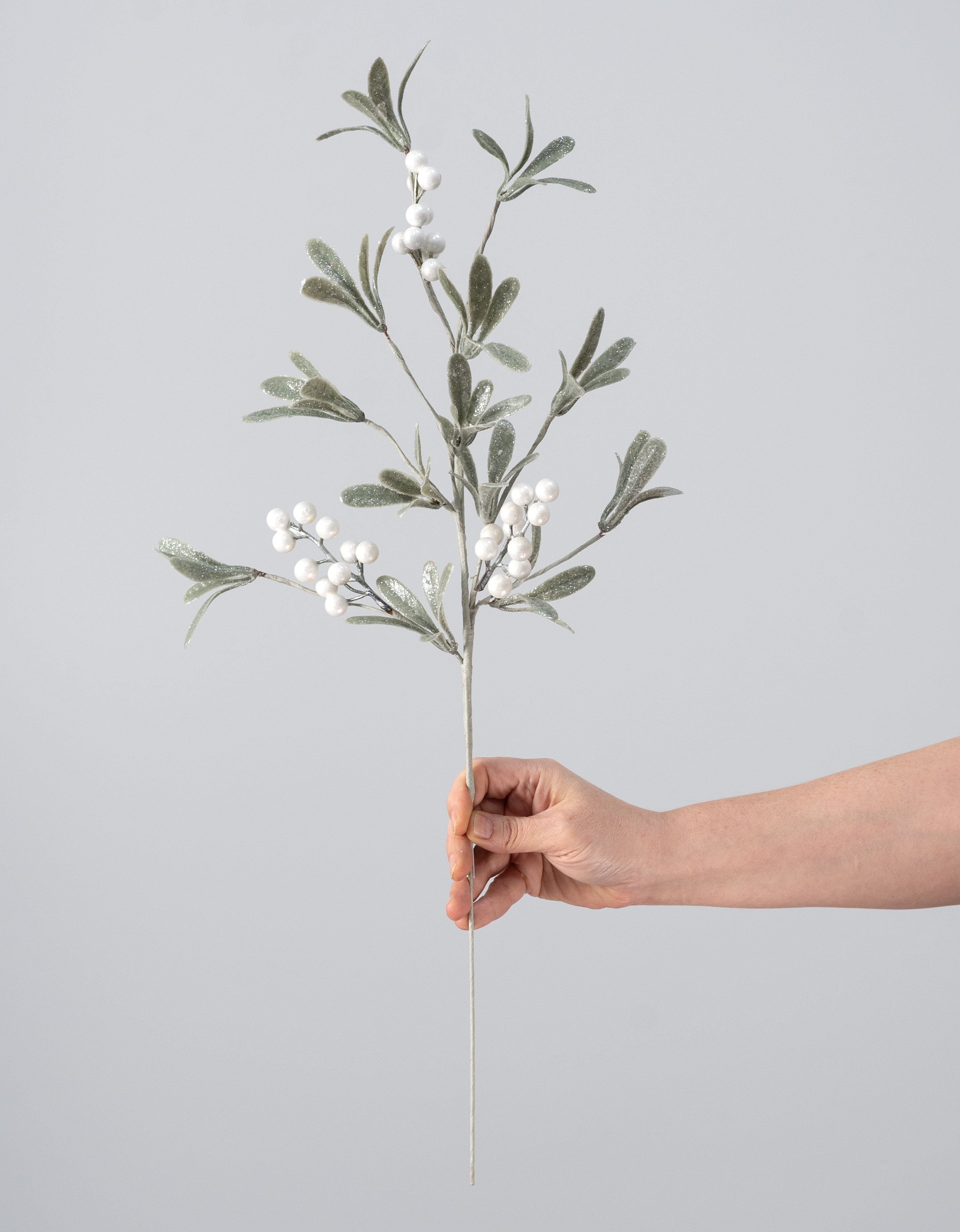 26" Glittered Mistletoe Leaf & Berry Spray: Green & Pearl White detail photo 3