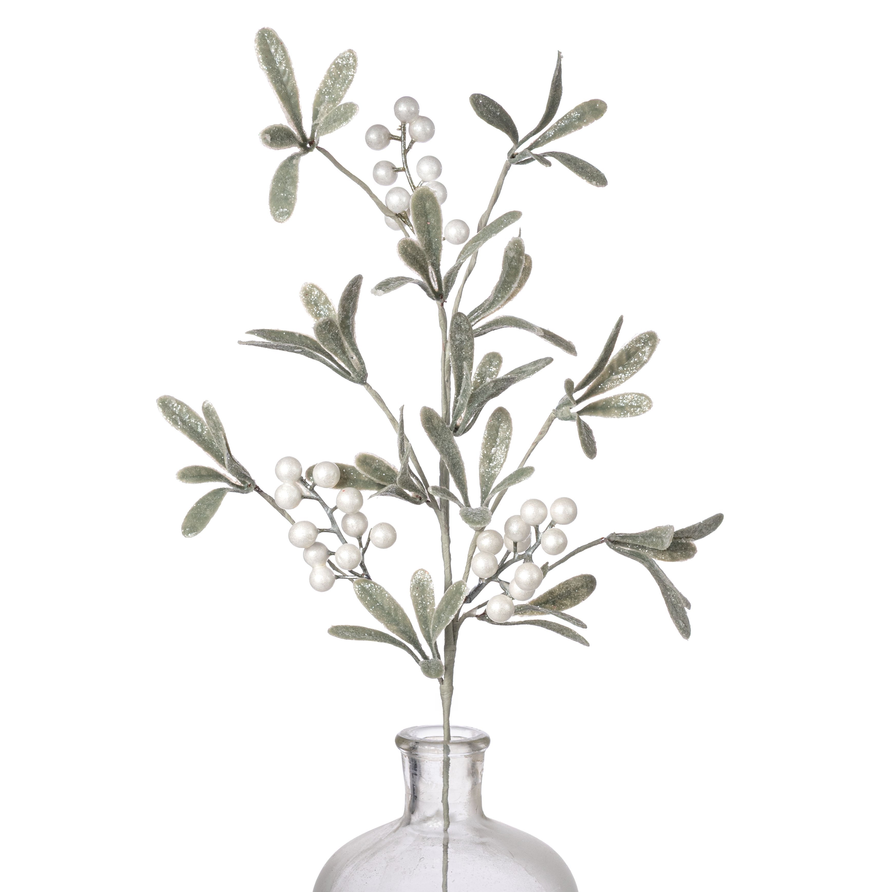 26" Glittered Mistletoe Leaf & Berry Spray: Green & Pearl White Item Number: XS4077