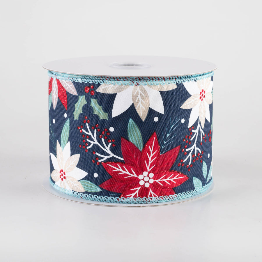 2.5" Holiday Poinsettia Ribbon: Navy (10 Yards)