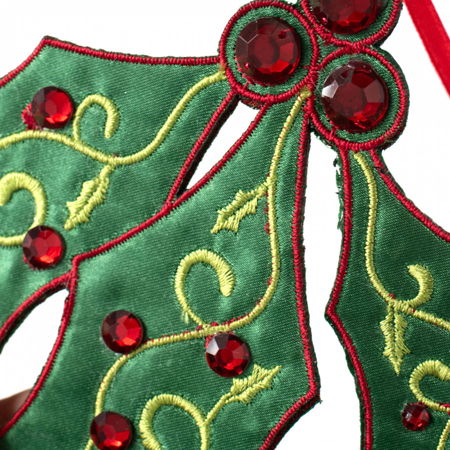 6" Jeweled Embroidered Holly Ornament